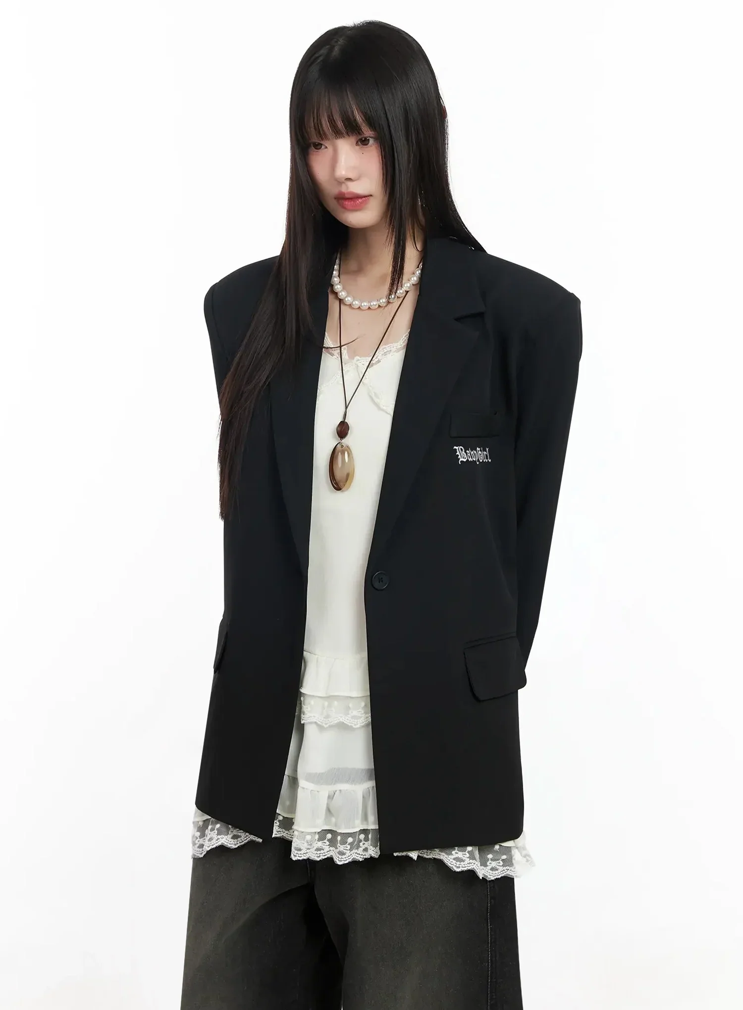 Lettering Embroidered Oversized Blazer IM530 - Image 8