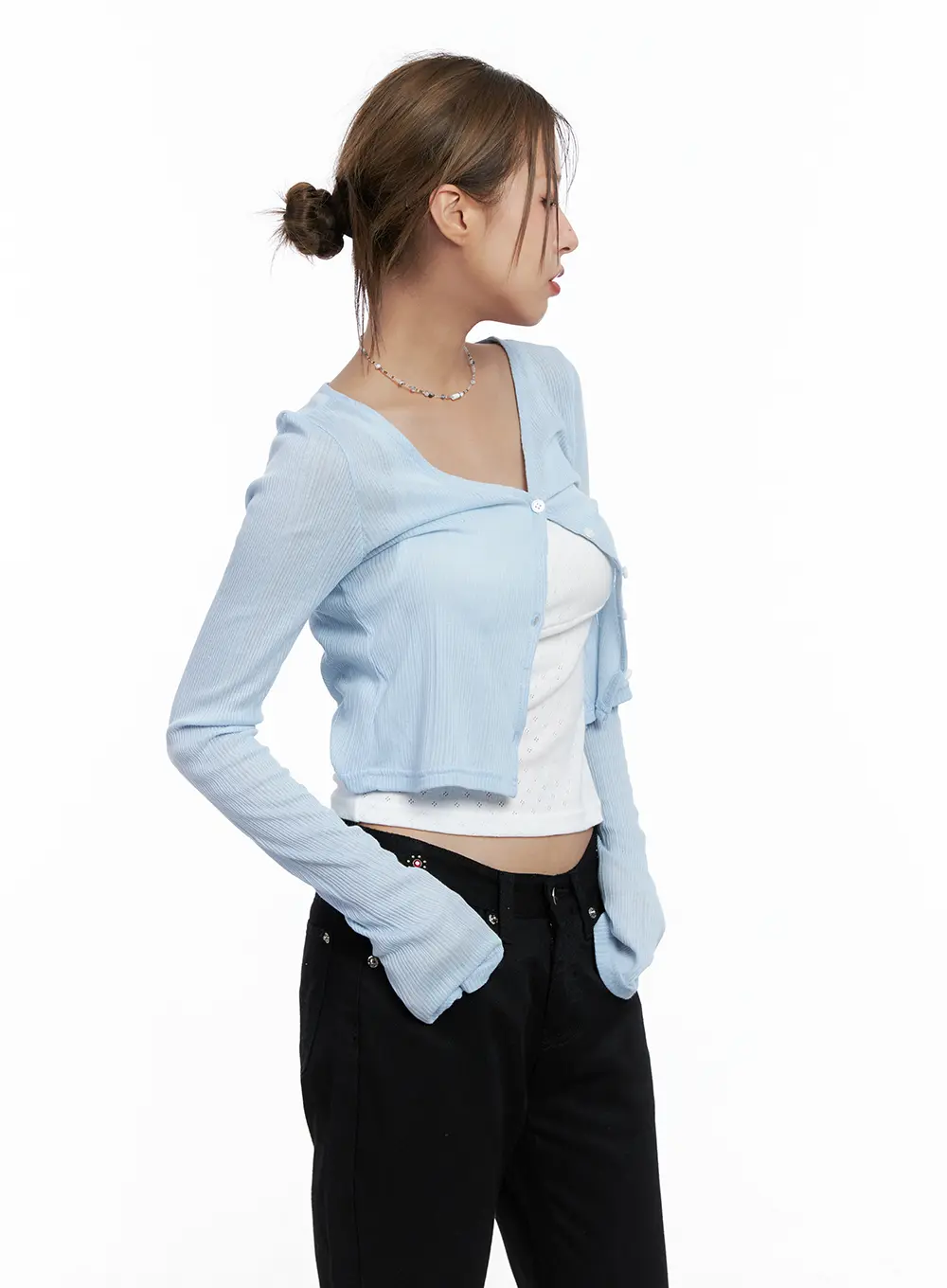 Light Blue Ribbed Cropped Cardigan CL511 - Image 3