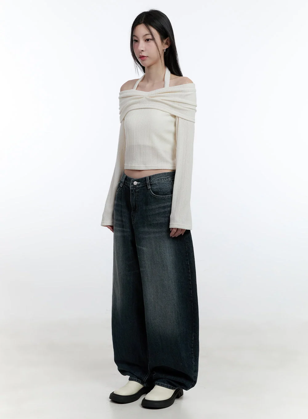 Long-Sleeve Off-Shoulder Halter Crop Top CJ520 - Image 2