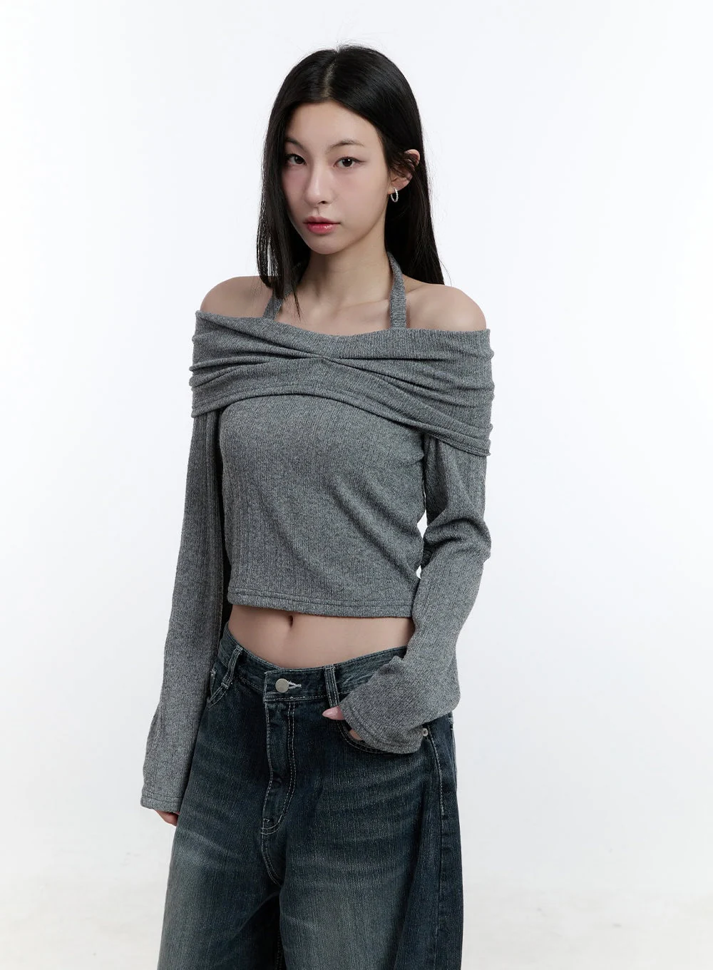 Long-Sleeve Off-Shoulder Halter Crop Top CJ520 - Image 8