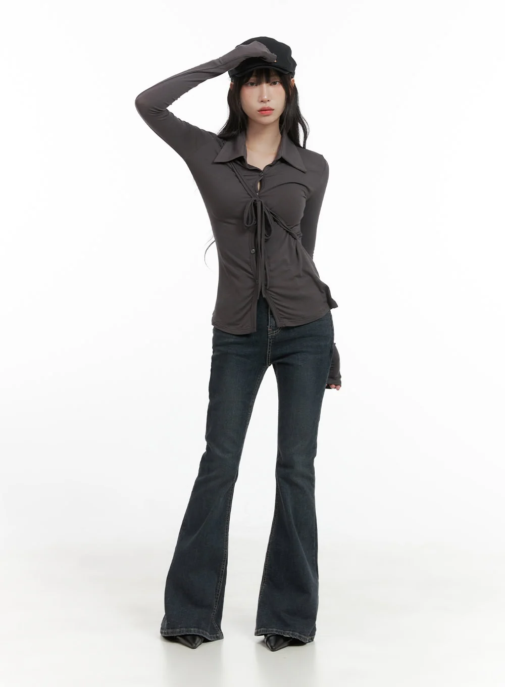 Long Sleeve Slim Tie Collar Top CG421 - Image 2