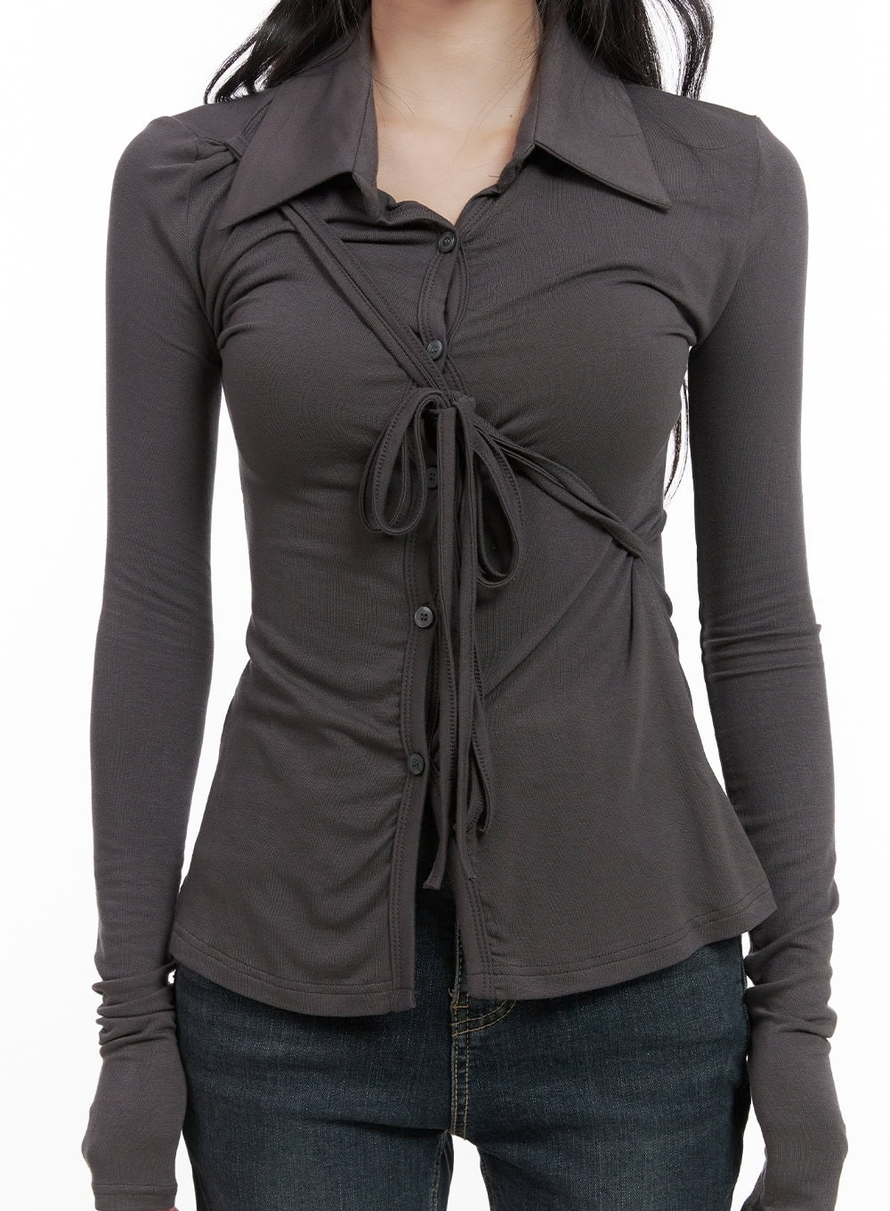 Long Sleeve Slim Tie Collar Top CG421 - Image 3