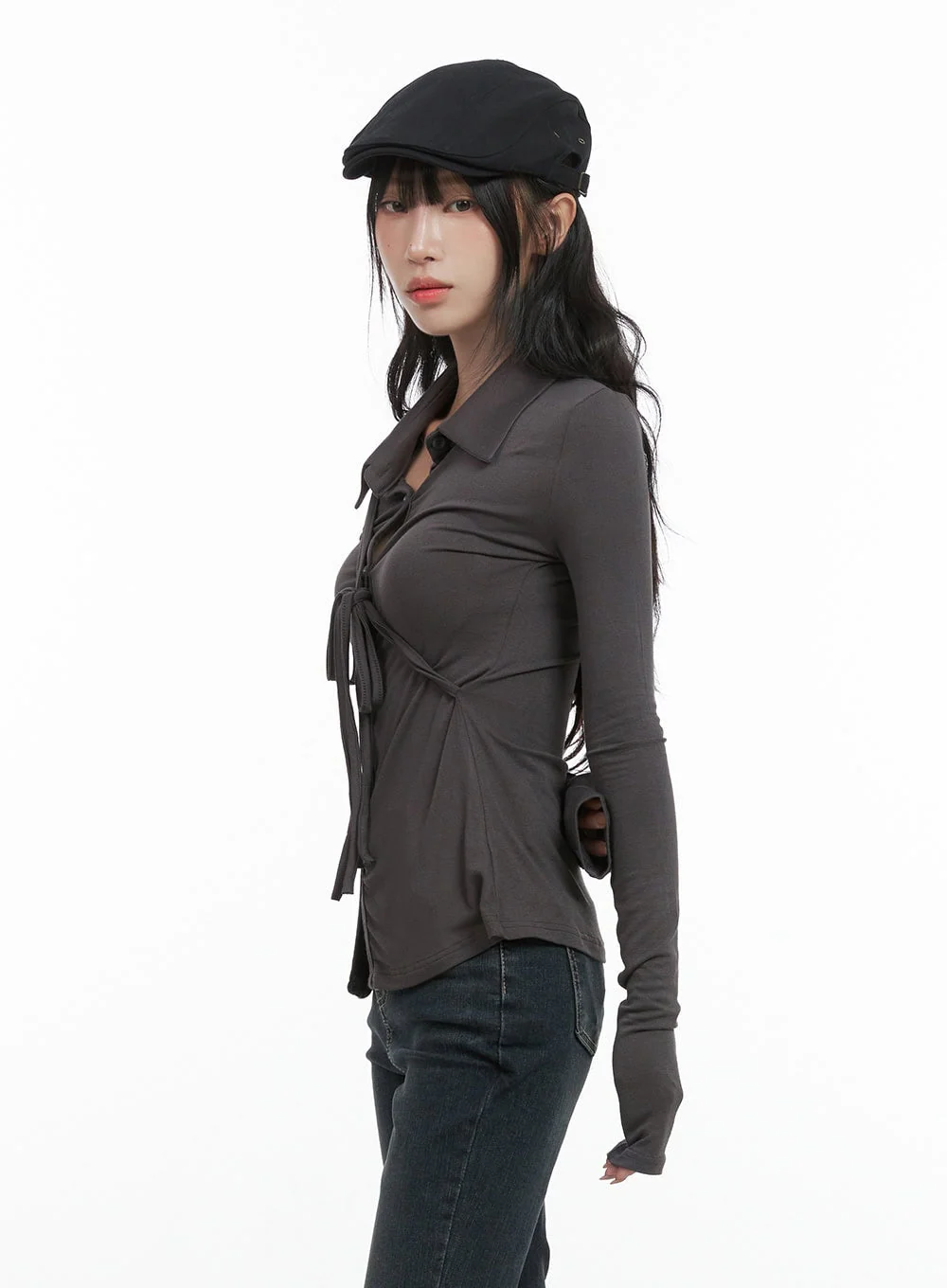 Long Sleeve Slim Tie Collar Top CG421 - Image 4