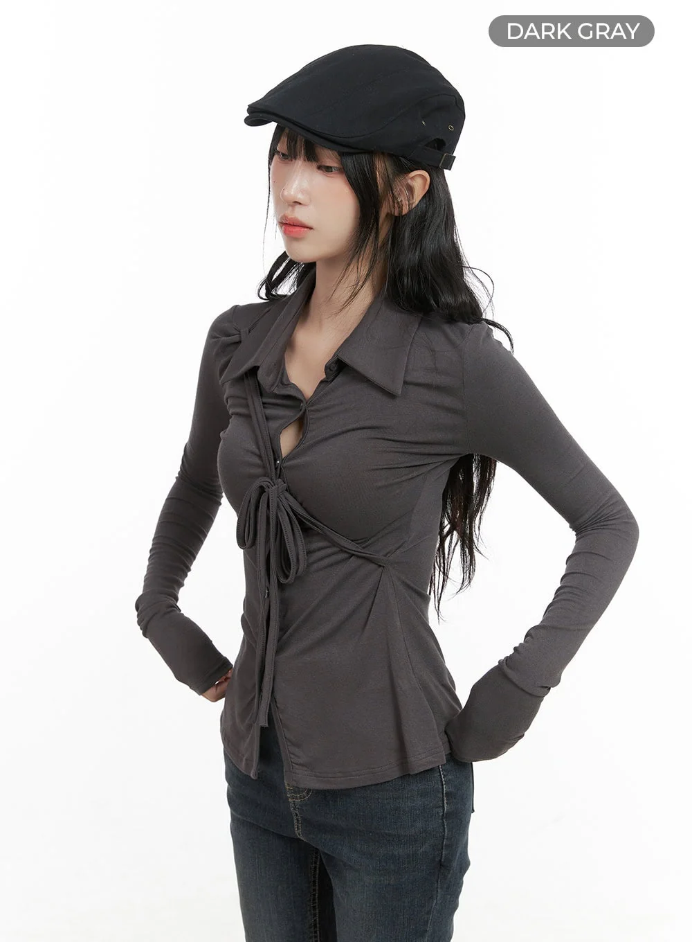 Long Sleeve Slim Tie Collar Top CG421 - Image 7