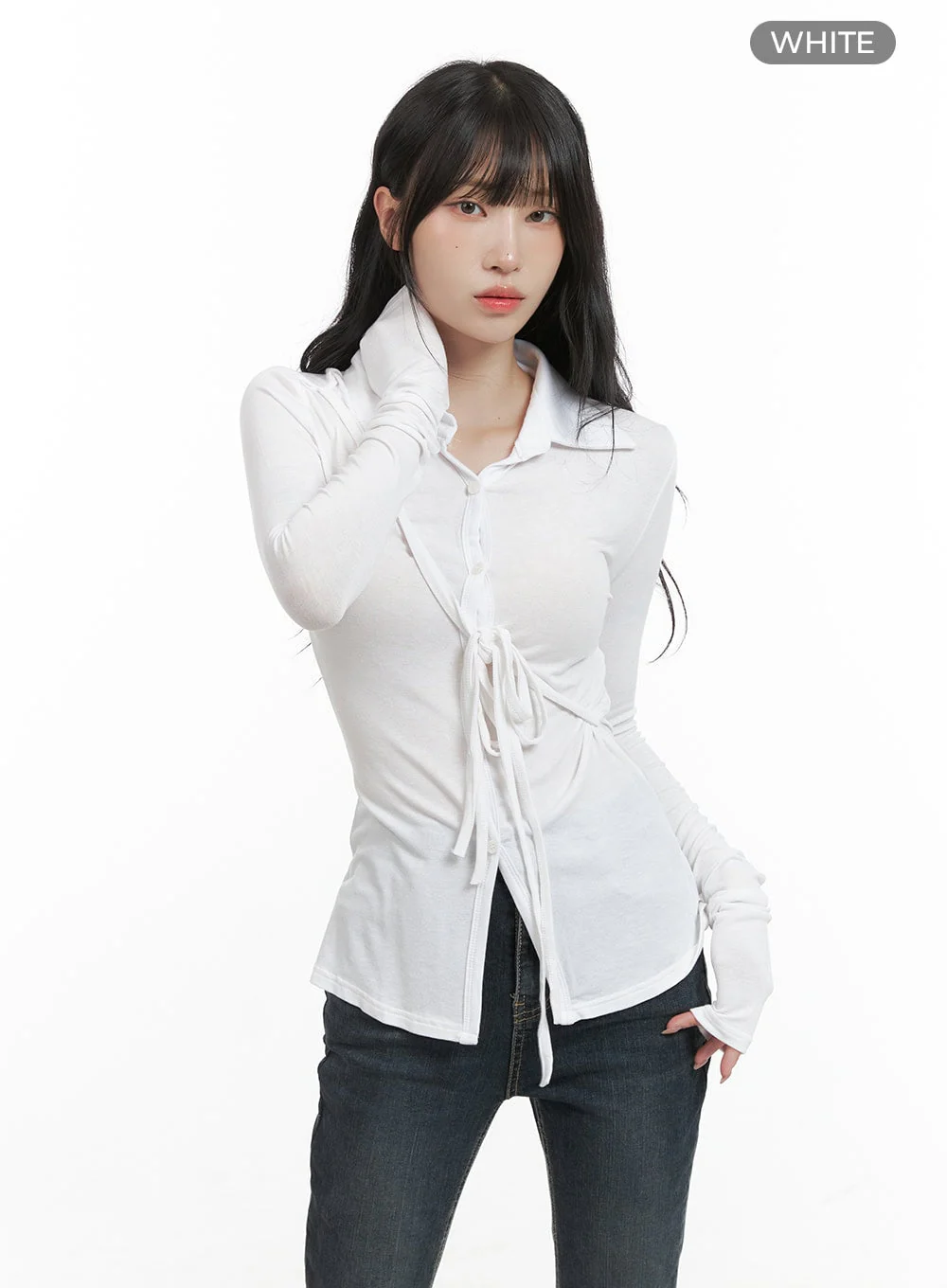 Long Sleeve Slim Tie Collar Top CG421 - Image 8