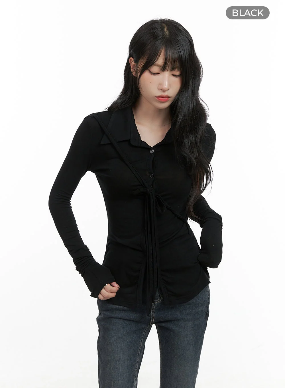 Long Sleeve Slim Tie Collar Top CG421 - Image 9