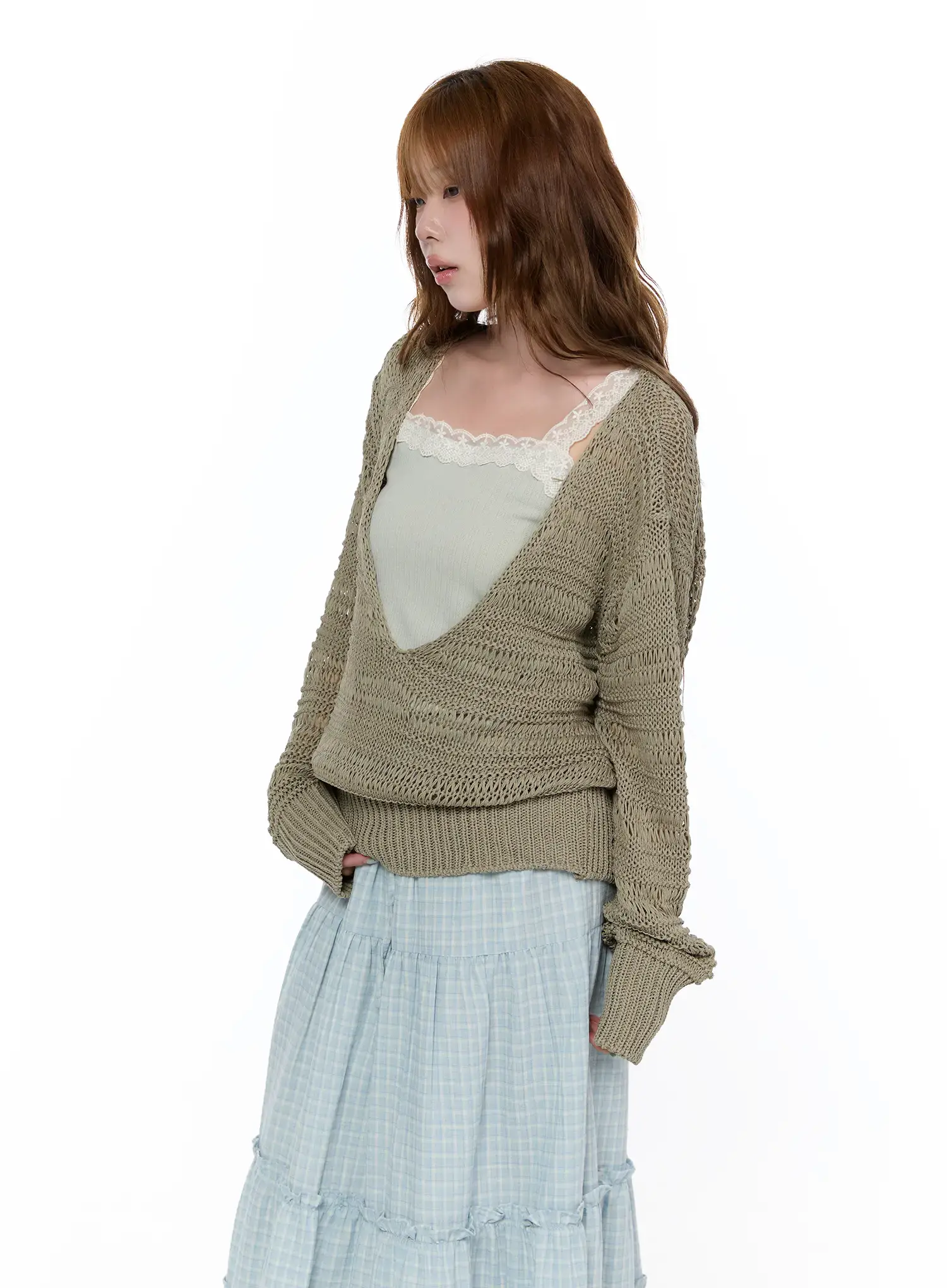 Loose-Fit Deep V-Neck Knit Cardigan CA520 - Image 7