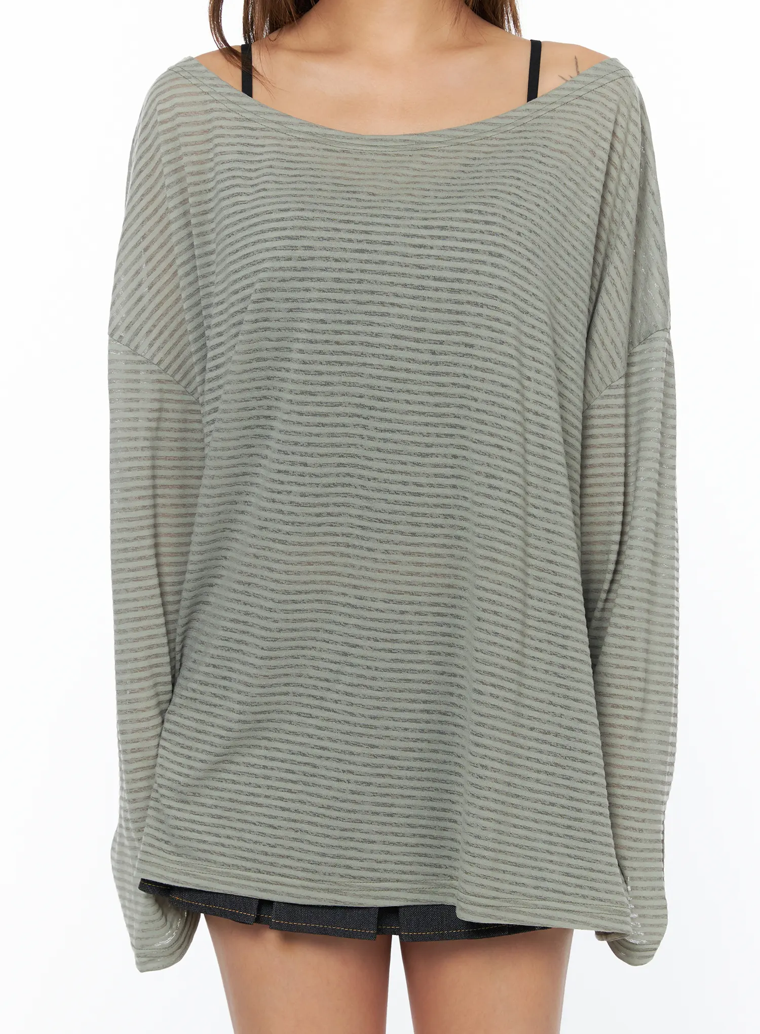 Loose Fit Striped Off-Shoulder Long Sleeve Tee CA517 - Image 8