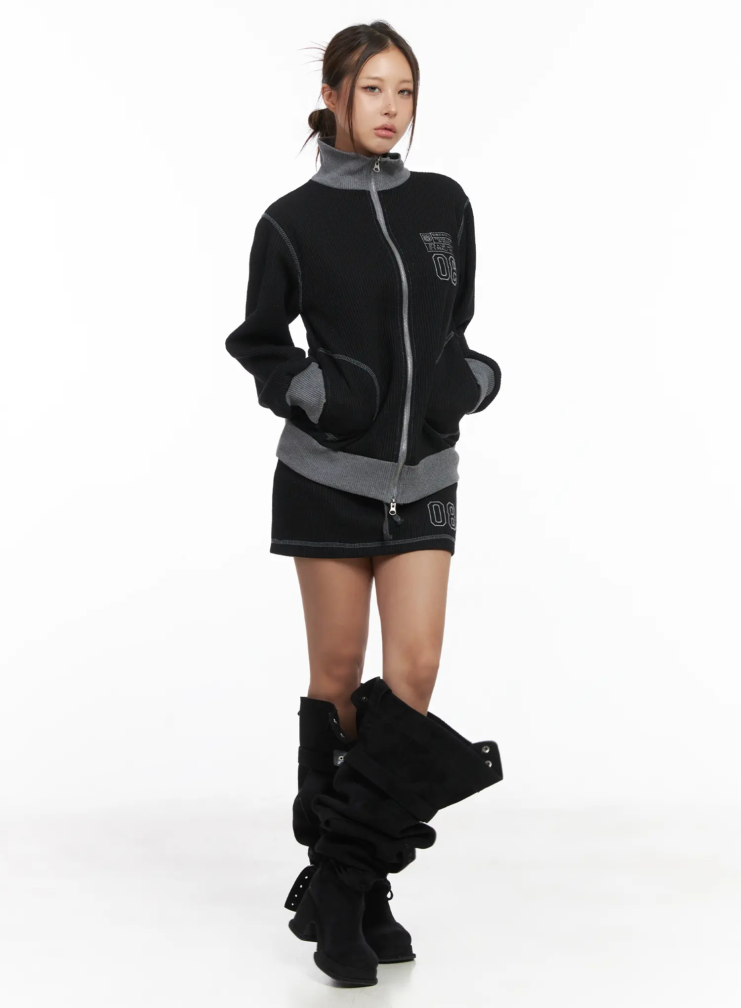Loose Fit Two-Tone Waffle Zip-Up CJ512 - Image 3