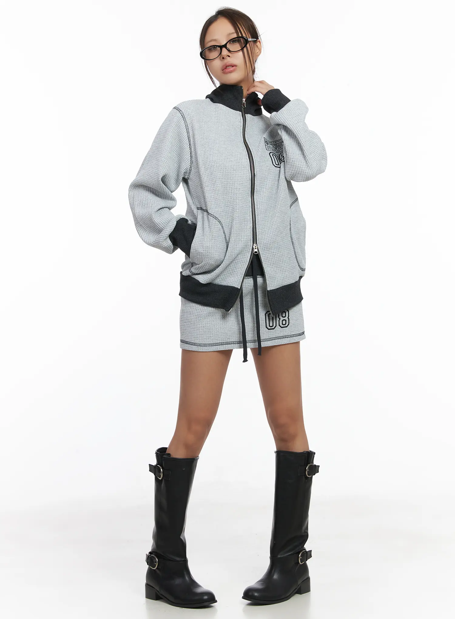 Loose Fit Two-Tone Waffle Zip-Up CJ512 - Image 9