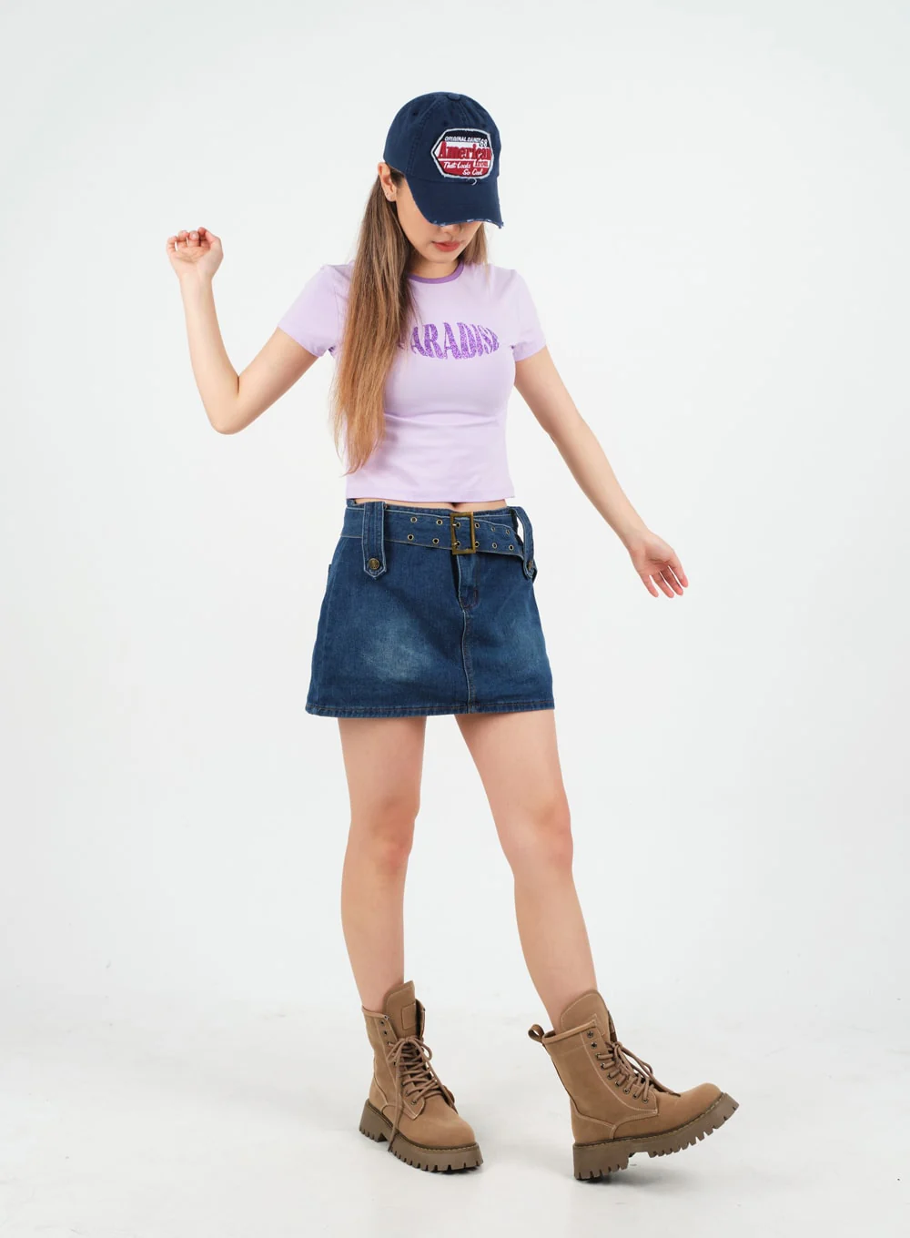 Low-Rise Bleached Denim Skorts and Belt Set CM02 - Image 10