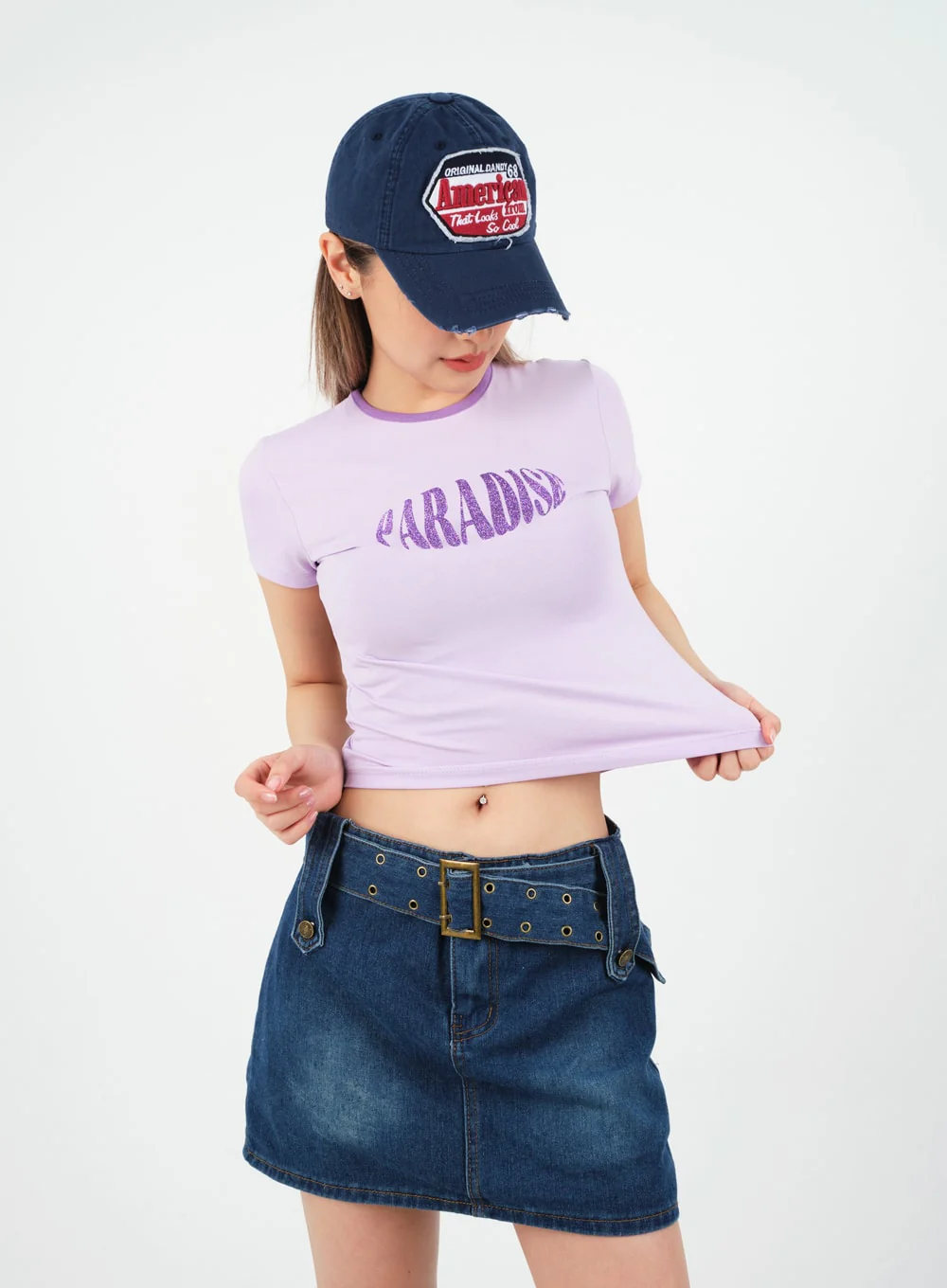 Low-Rise Bleached Denim Skorts and Belt Set CM02 - Image 4