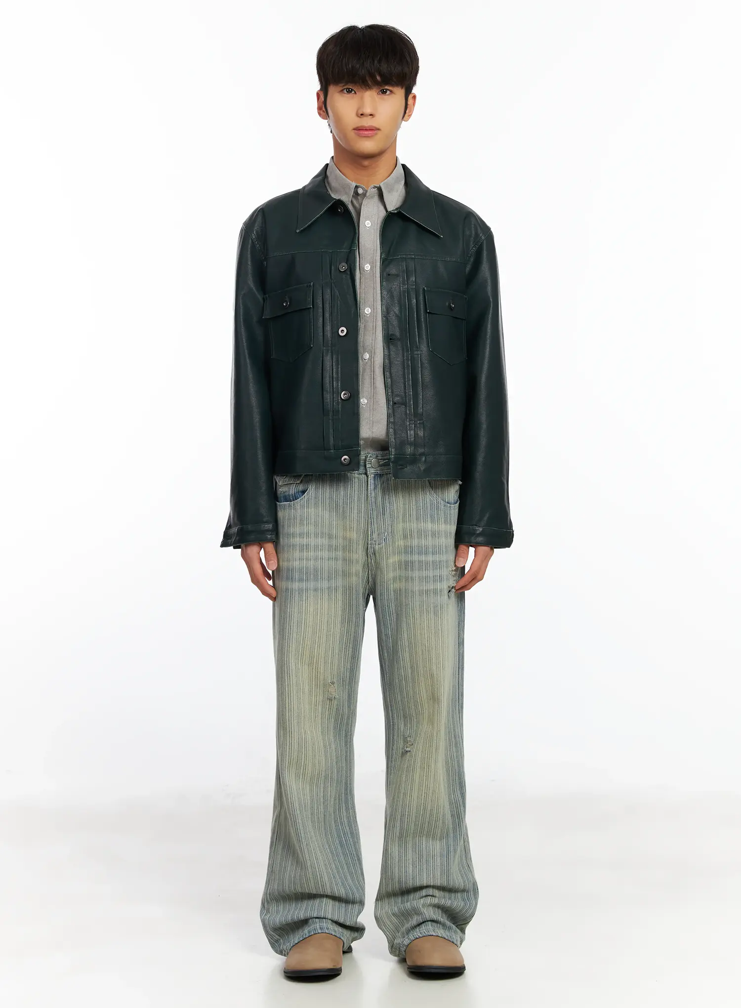 Men’s Green Leather Trucker Jacket IF504 - Image 3