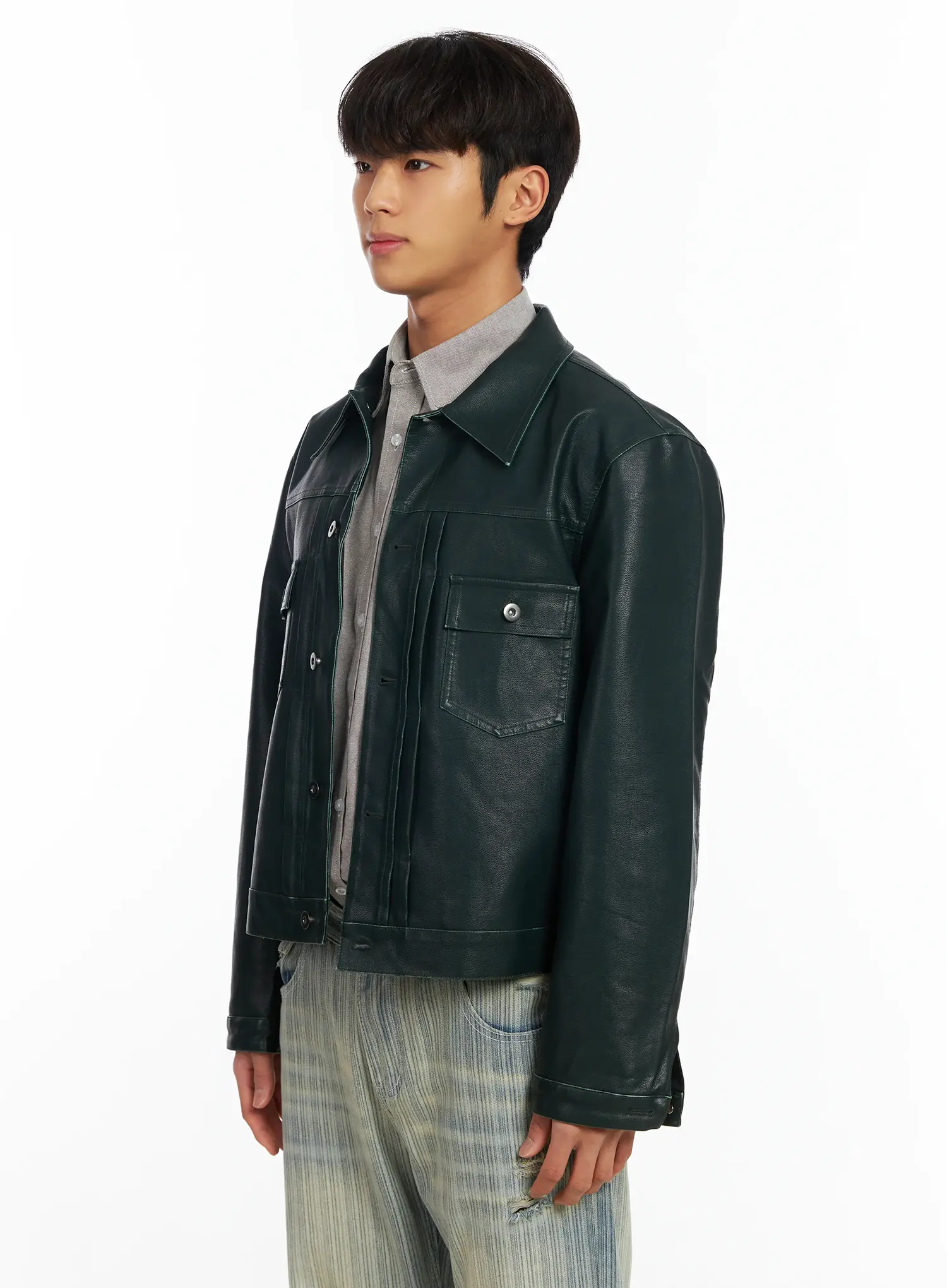 Men’s Green Leather Trucker Jacket IF504 - Image 4