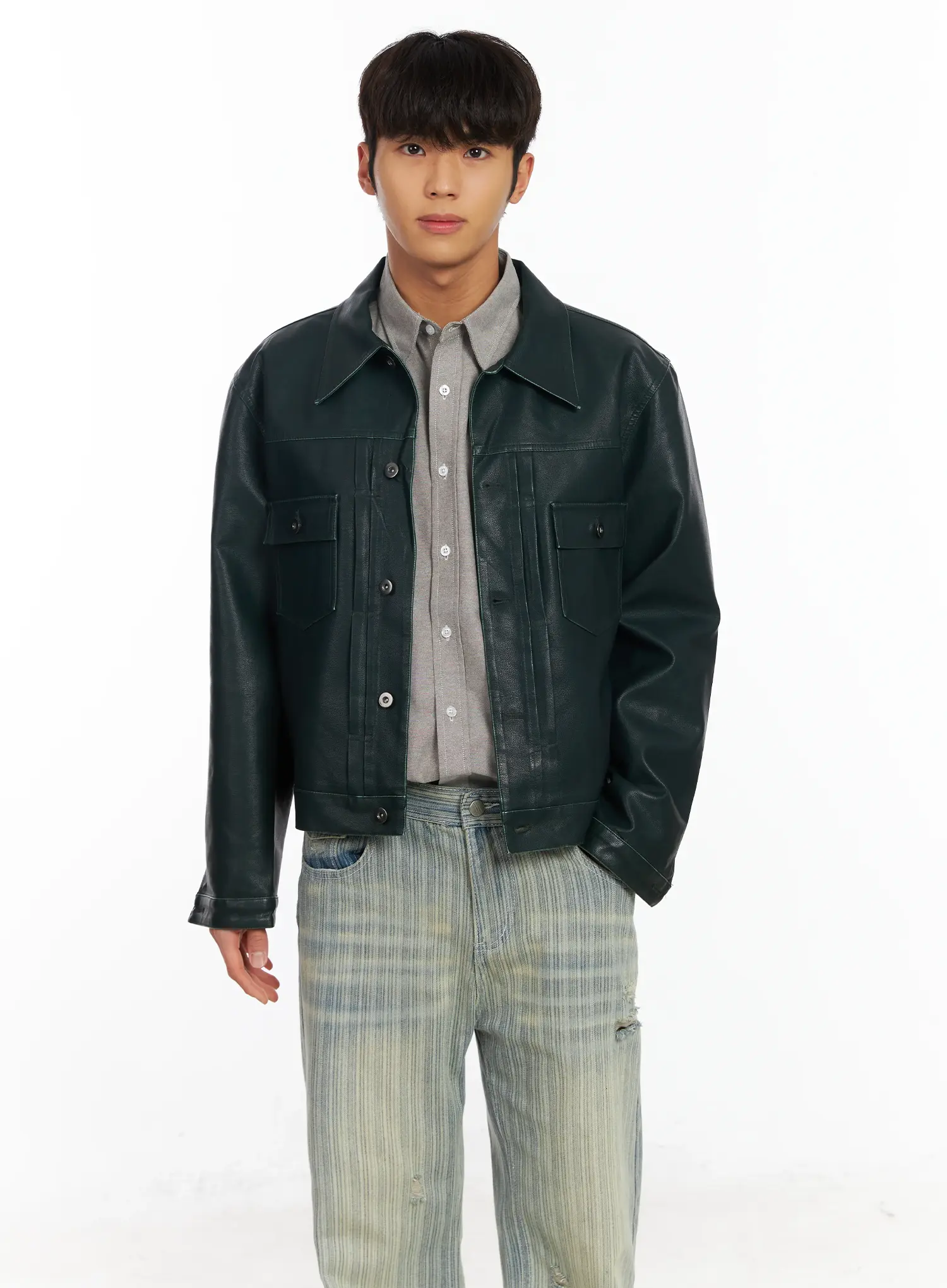 Men’s Green Leather Trucker Jacket IF504 - Image 6