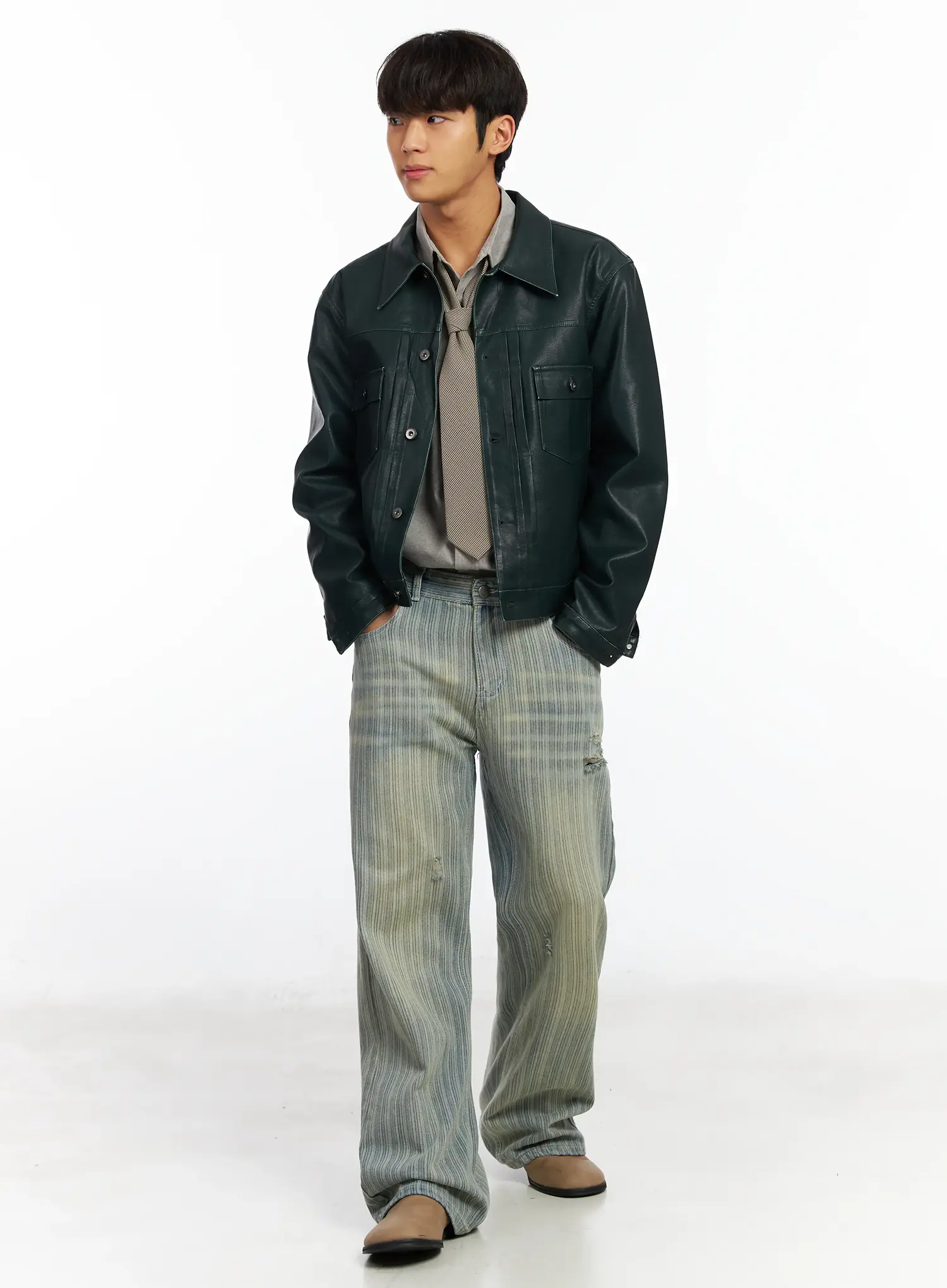 Men’s Green Leather Trucker Jacket IF504 - Image 7
