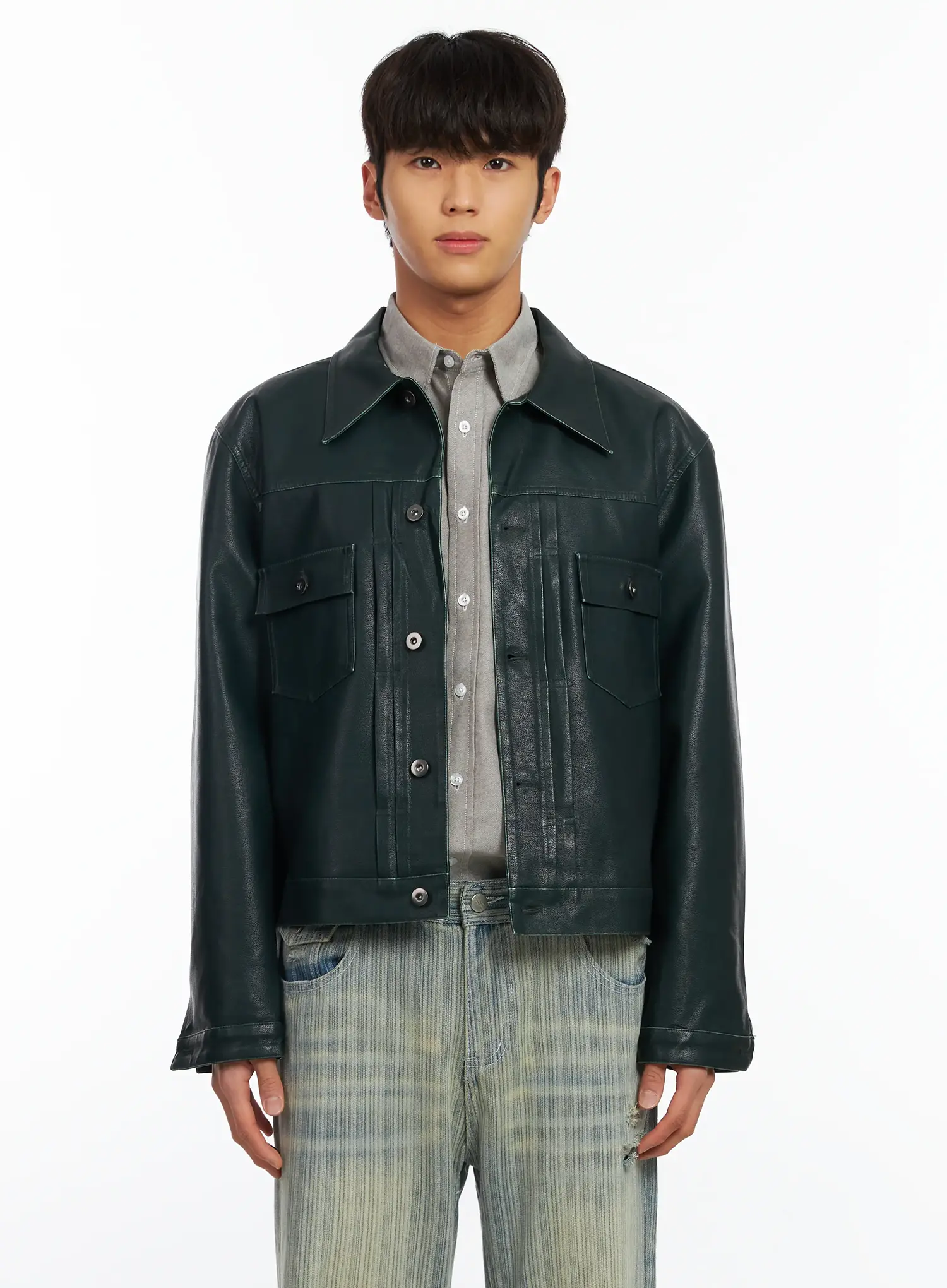 Men’s Green Leather Trucker Jacket IF504 - Image 9
