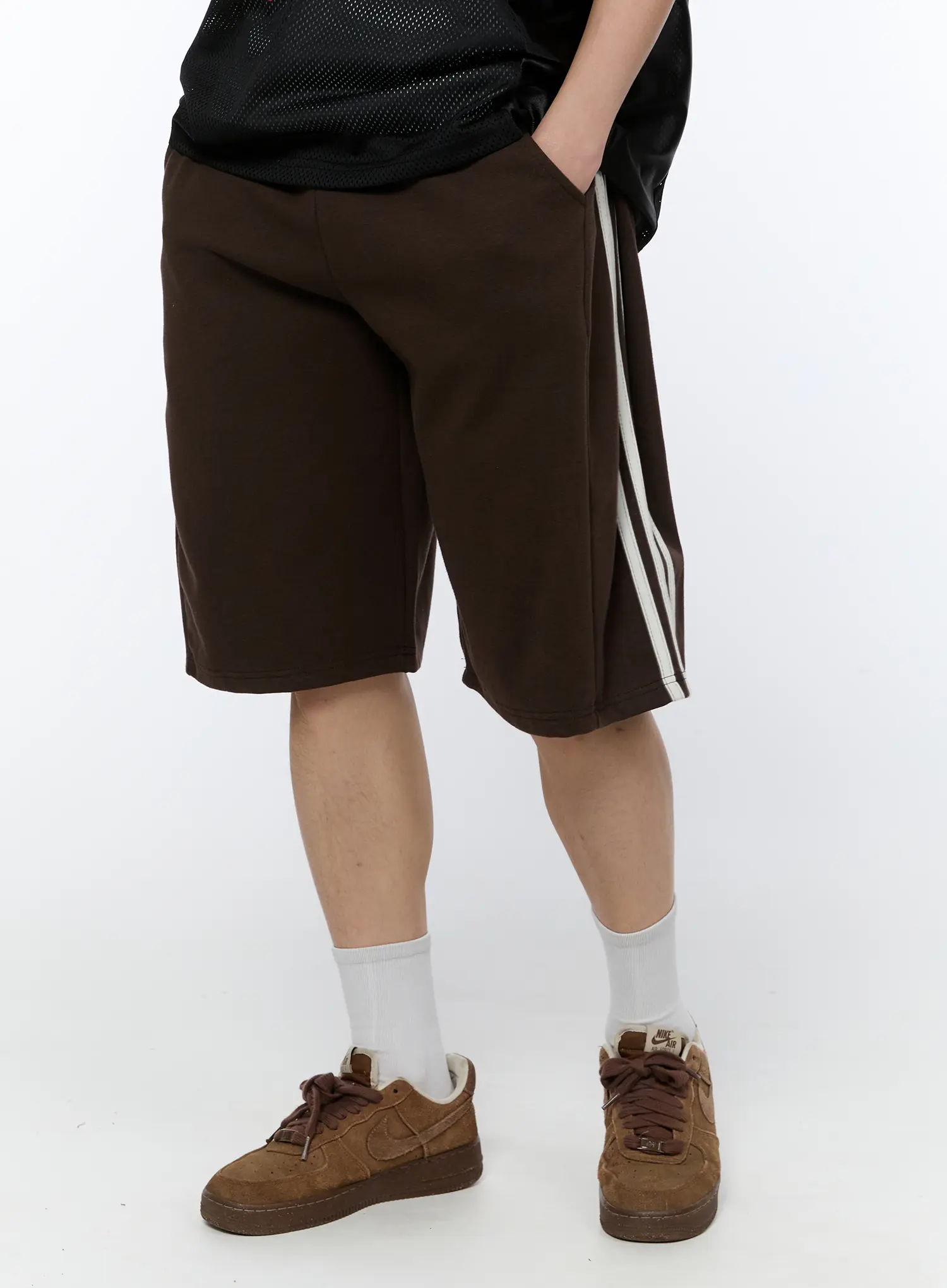 Men's Black Stripe Track Shorts (Dark Brown) IA517 - Image 2