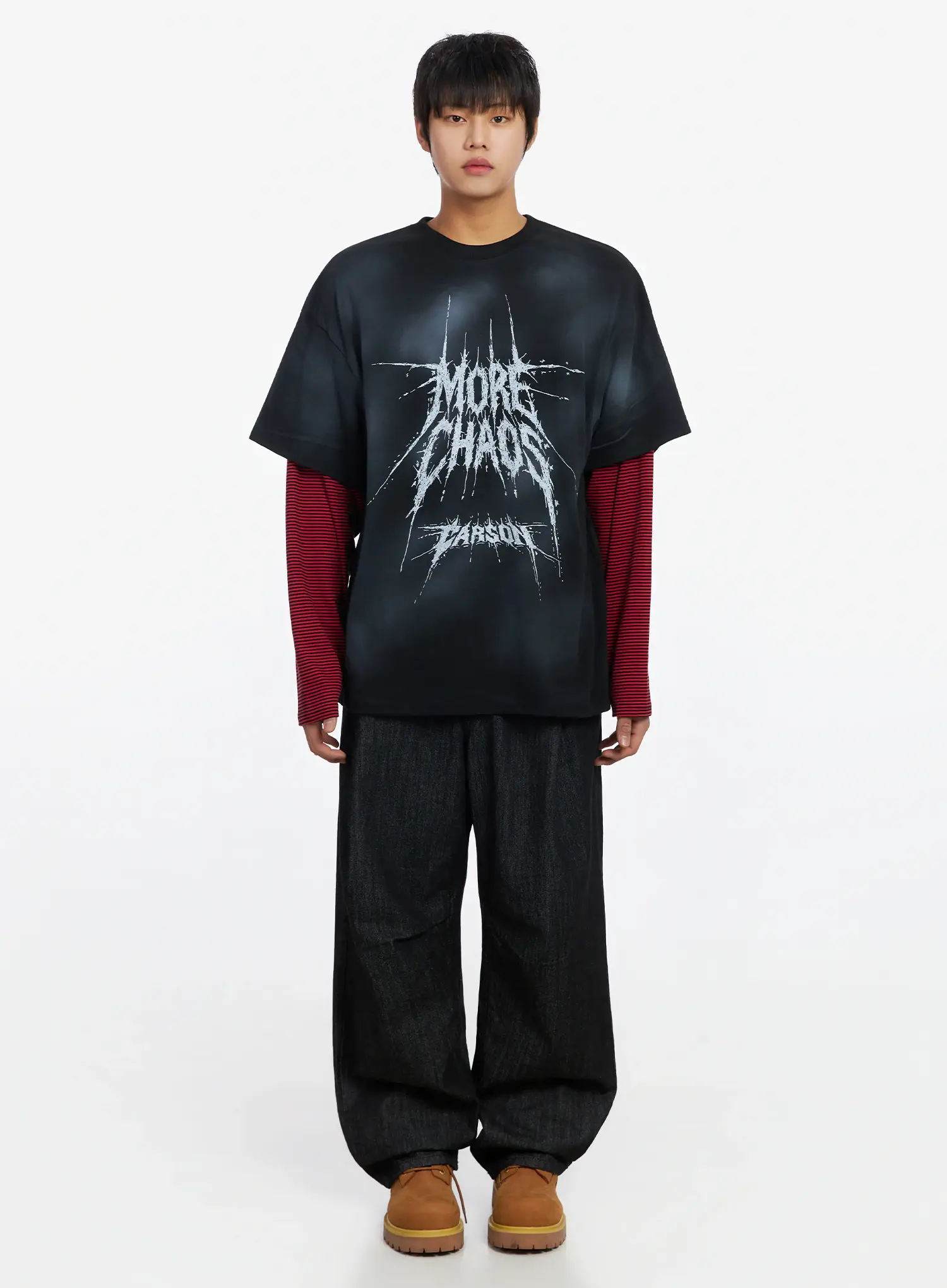 Men's Black Vintage Graphic Layered Long Sleeve Tee IJ527 - Image 3