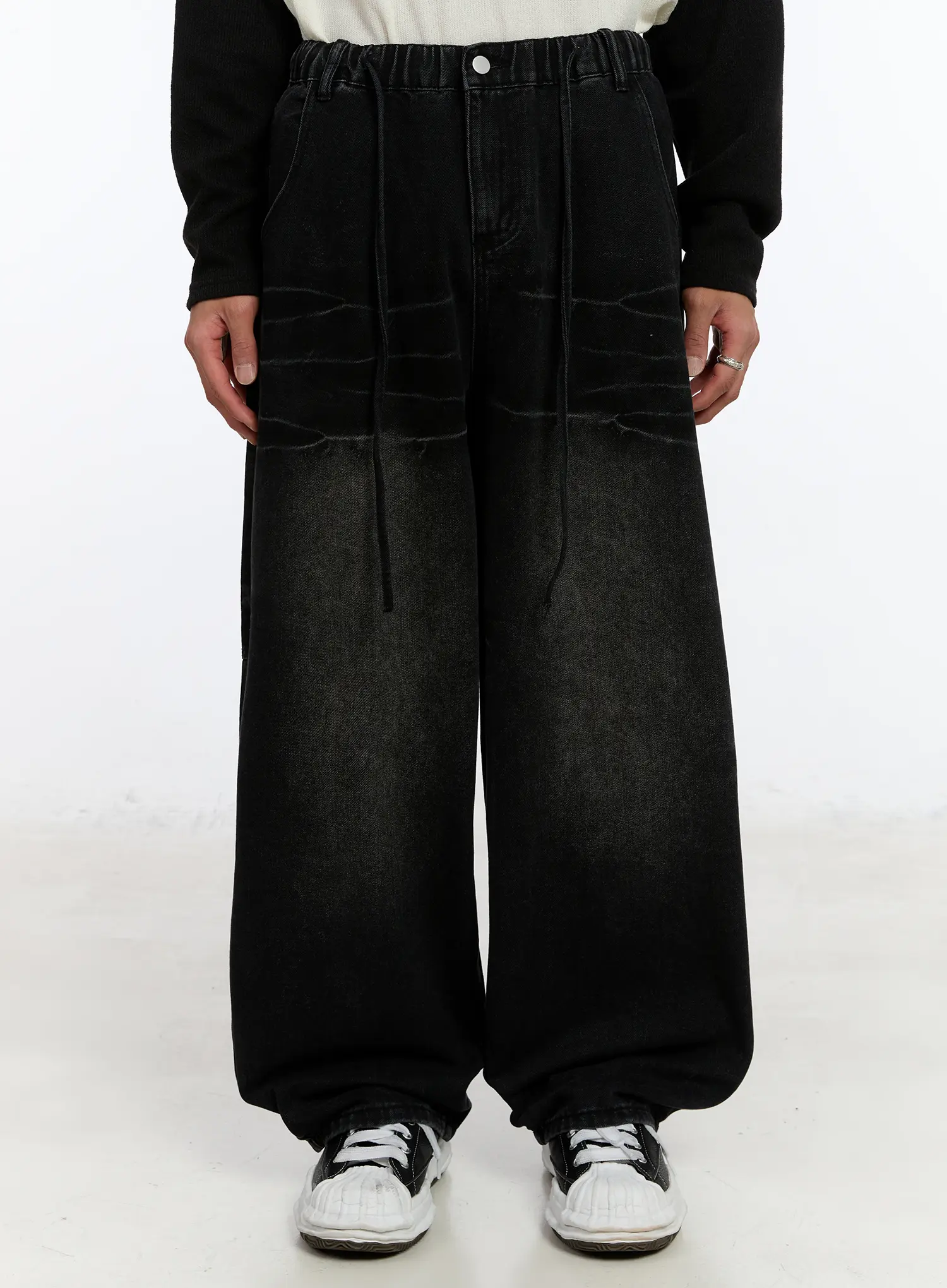 Men's Black Washed Wide Leg Jeans IM530 - Image 2