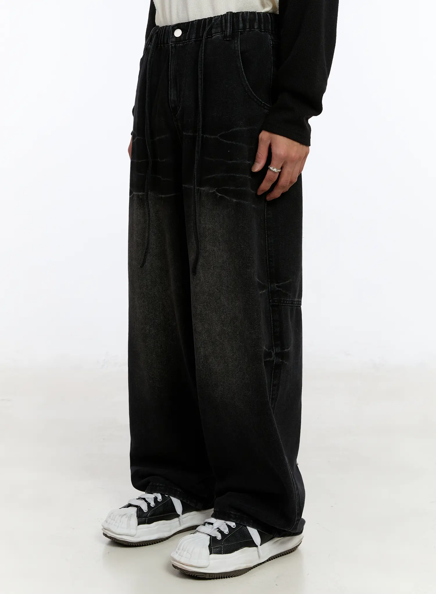 Men's Black Washed Wide Leg Jeans IM530 - Image 6