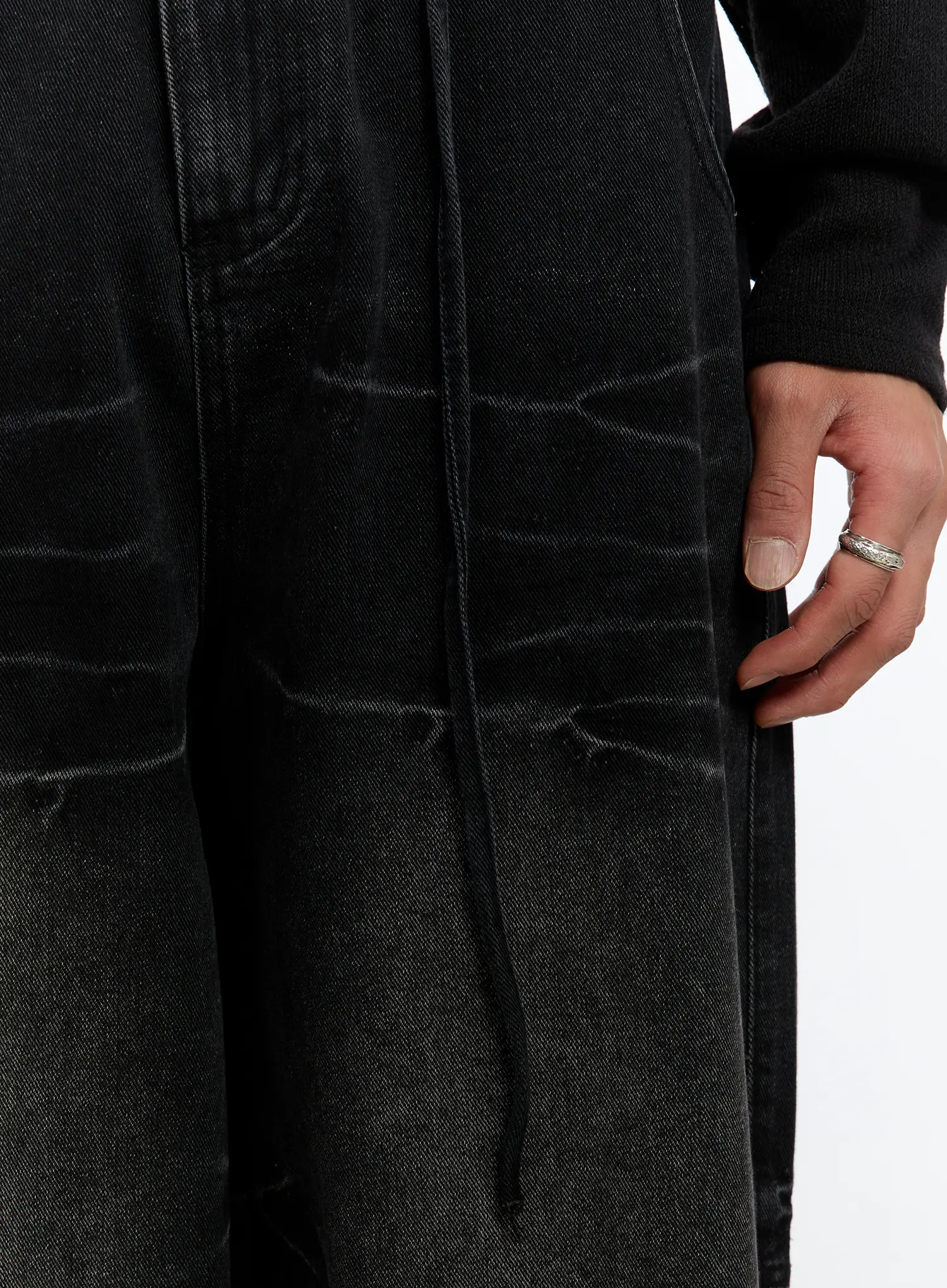 Men's Black Washed Wide Leg Jeans IM530 - Image 7