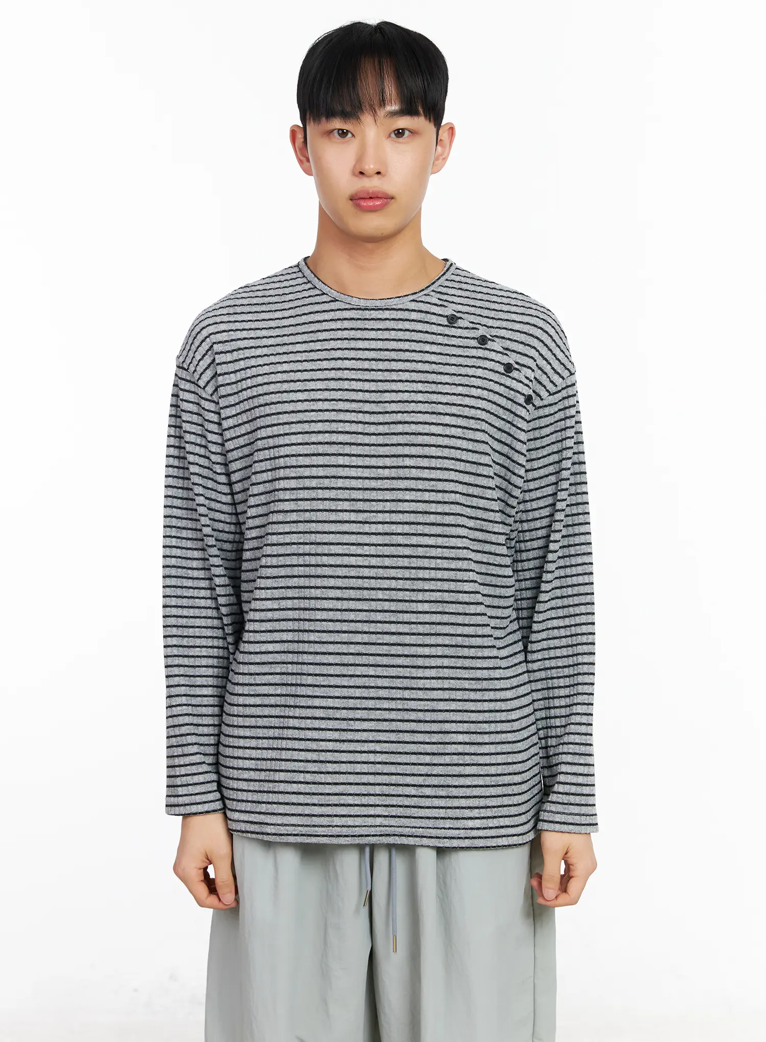 Men's Button-Accent Stripe Long Sleeve Tee IA502 - Image 12