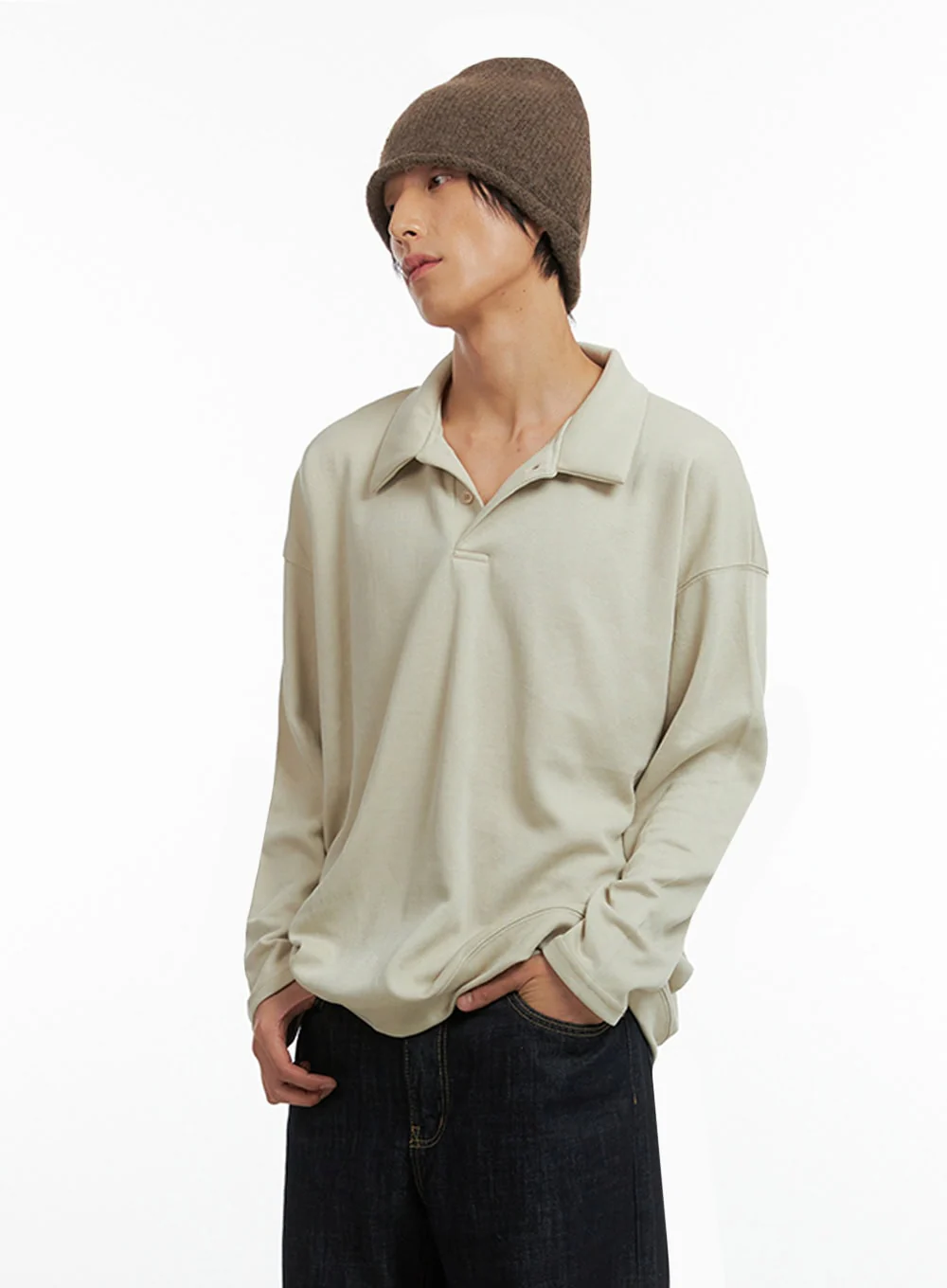 Men's Buttoned Collar Shirt (Light beige) IO417 - Image 4