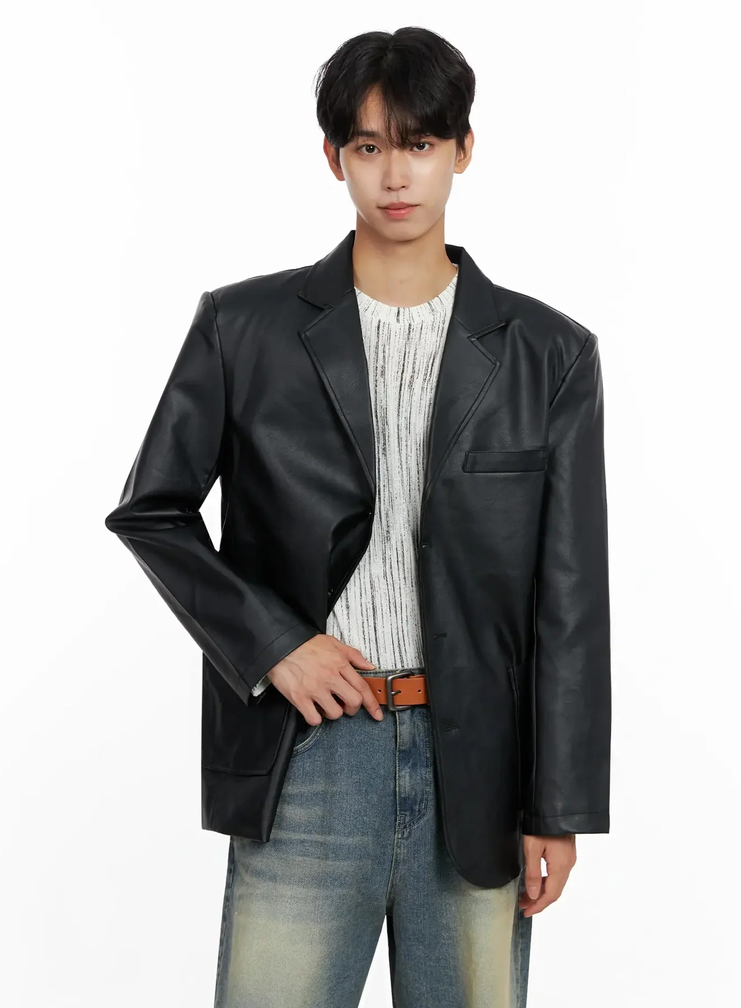 Men's Faux Leather Blazer Jacket IO516 - Image 4