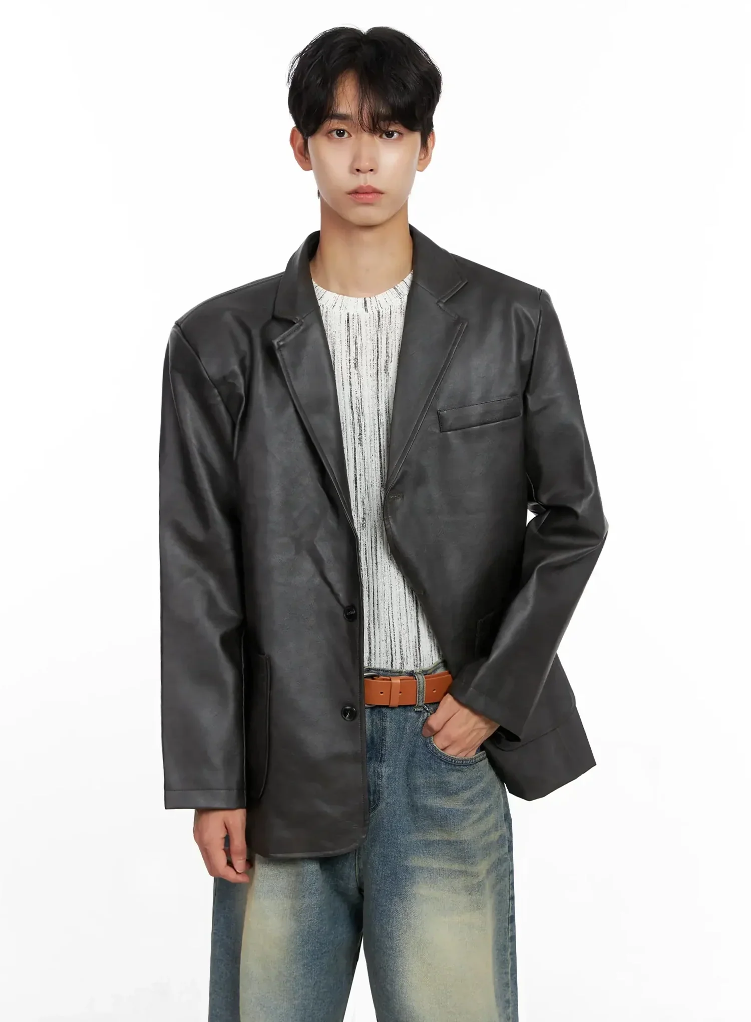 Men's Faux Leather Blazer Jacket IO516 - Image 6
