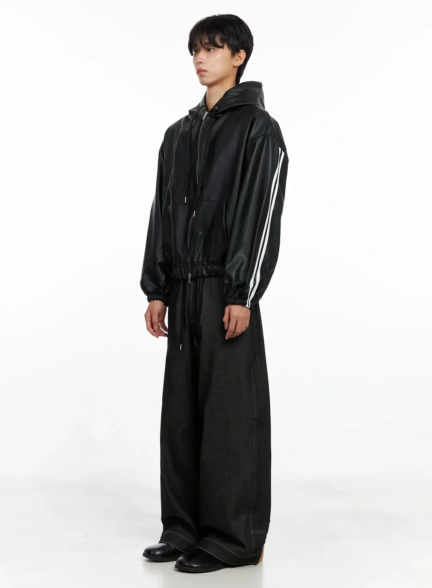Men's Faux Leather Track Hooded Jacket IO516 - Image 7