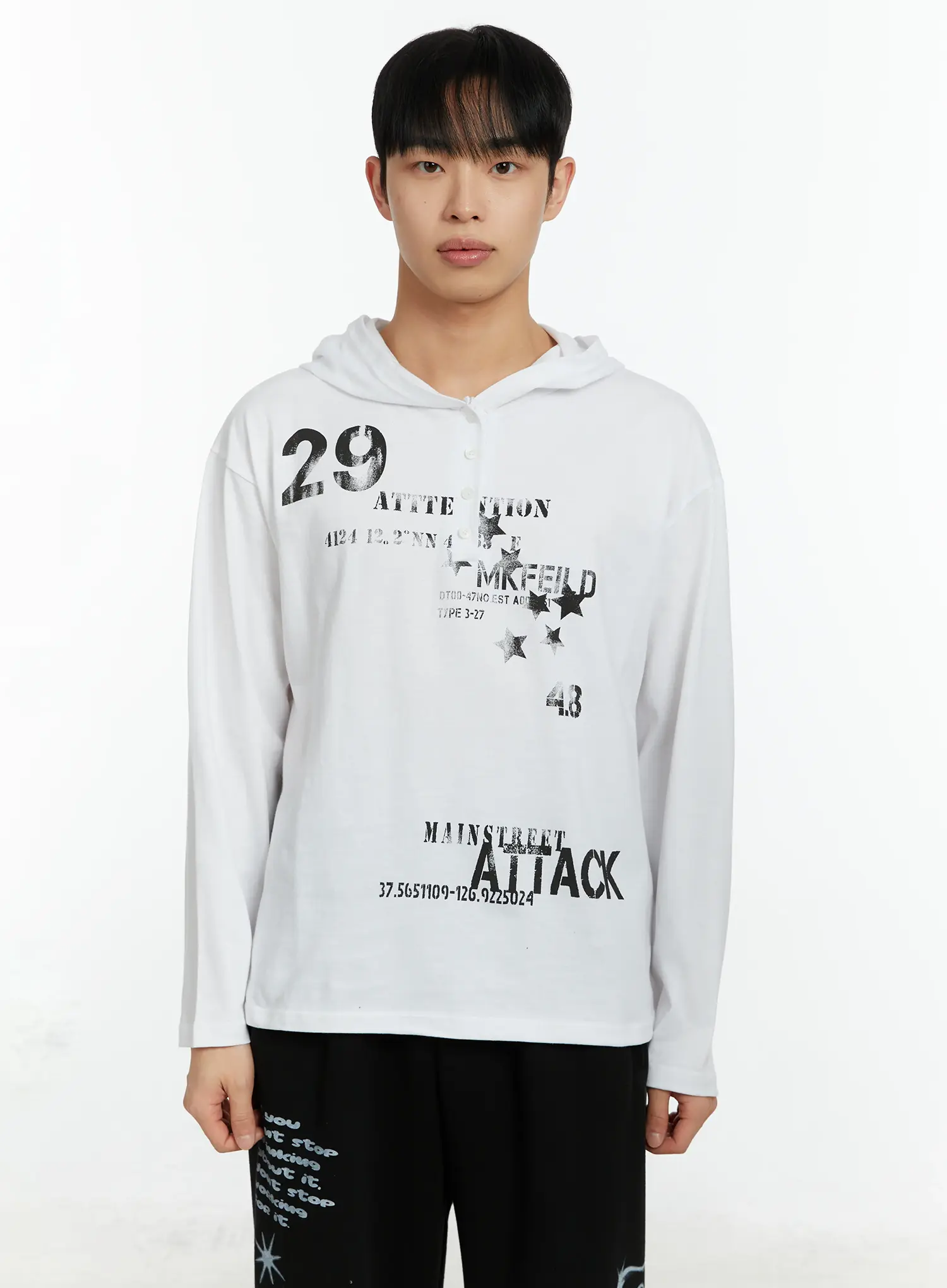 Men's Graphic Print Henley Hooded Long Sleeve Top IF511 - Image 11
