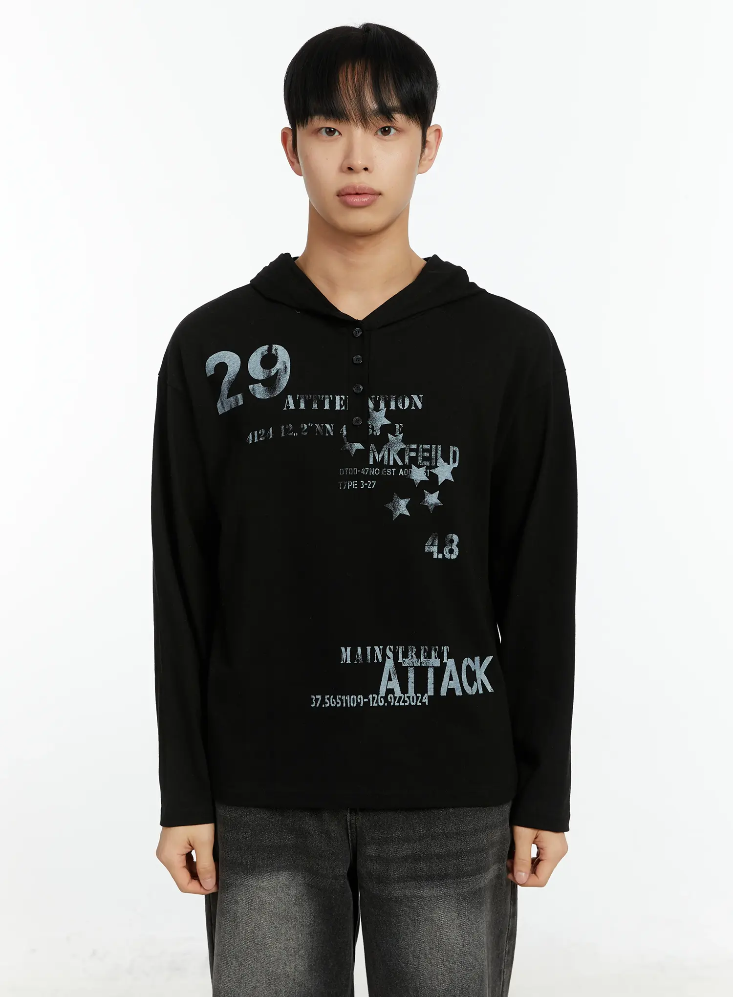 Men's Graphic Print Henley Hooded Long Sleeve Top IF511 - Image 12