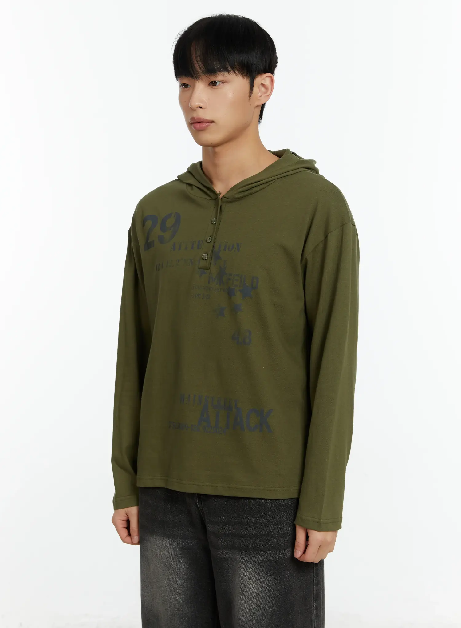 Men's Graphic Print Henley Hooded Long Sleeve Top IF511 - Image 4