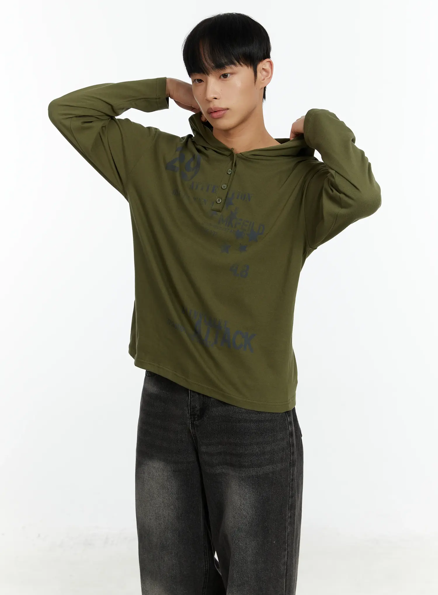 Men's Graphic Print Henley Hooded Long Sleeve Top IF511 - Image 6