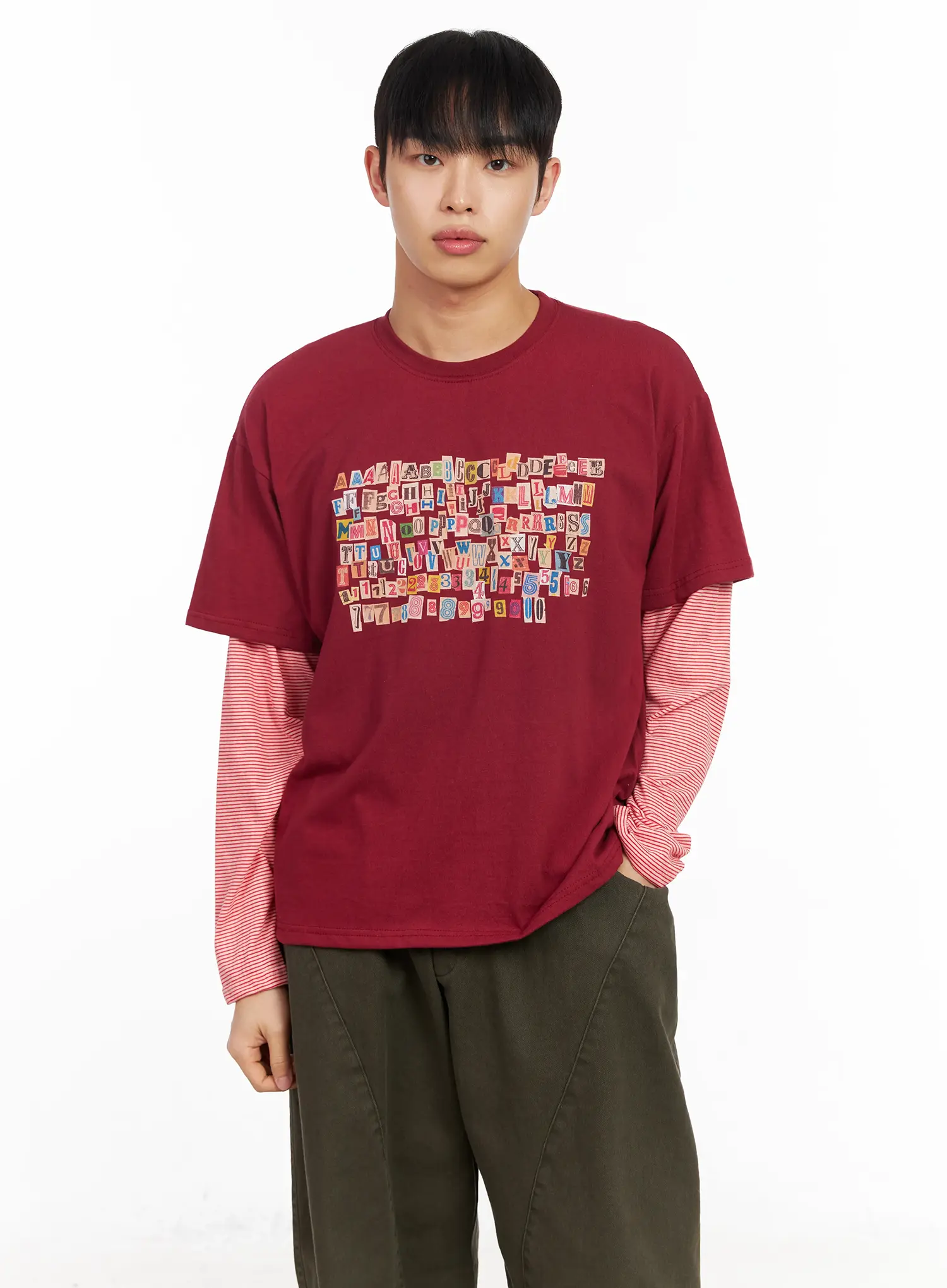 Men's Layered Graphic Striped Long Sleeve Tee IM511 - Image 2