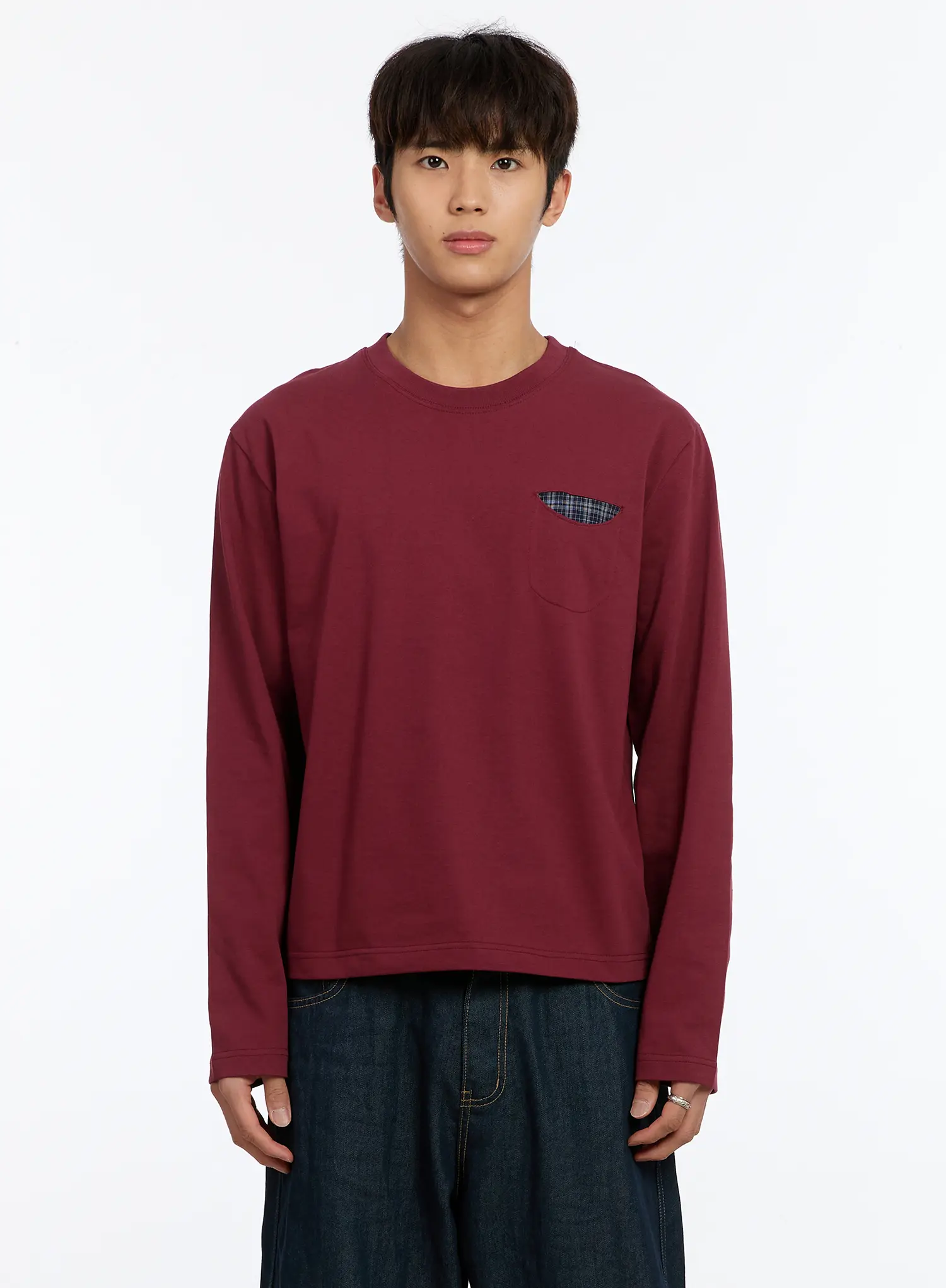 Men's Long Sleeve Tee with Plaid Pocket IM530 - Image 10