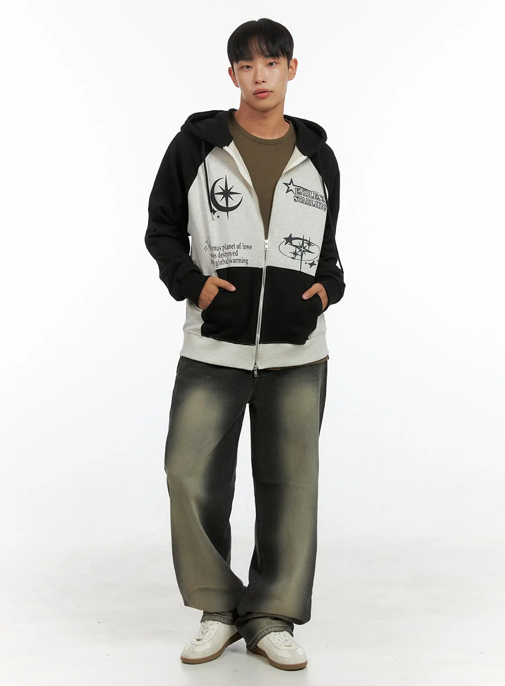 Men's Mixed Color Graphic Zip-Up Cotton Hoodie IS420 - Image 2