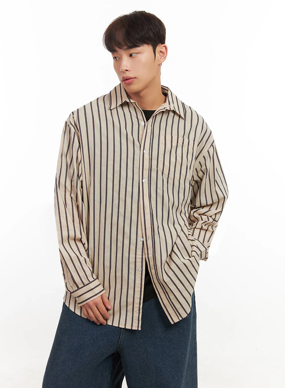 Men's Oversized Stripe Collared Button-Up Shirt IF521