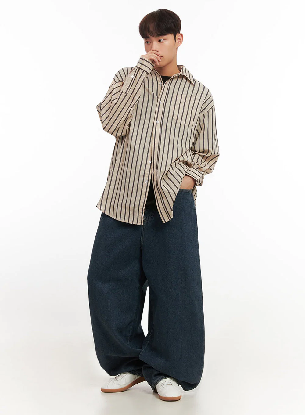 Men's Oversized Stripe Collared Button-Up Shirt IF521 - Image 2
