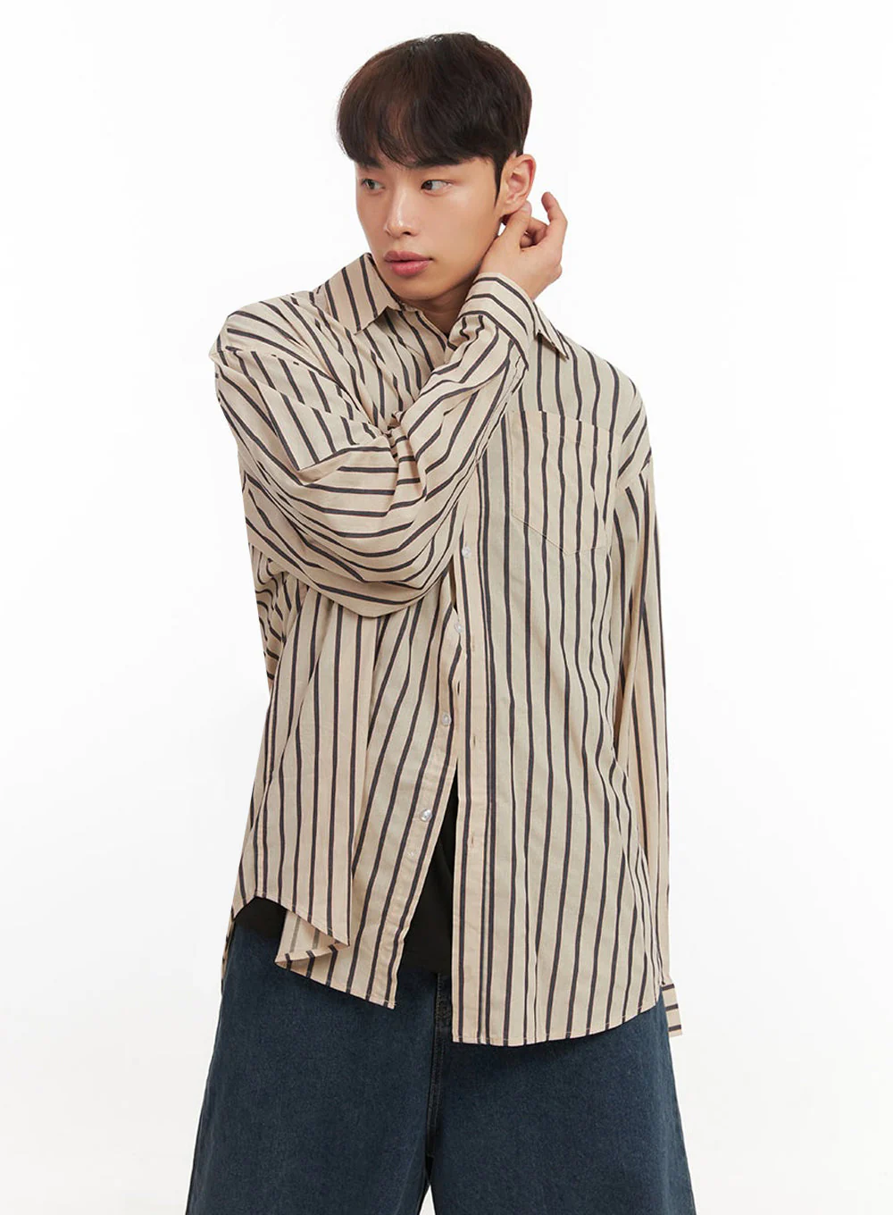 Men's Oversized Stripe Collared Button-Up Shirt IF521 - Image 3
