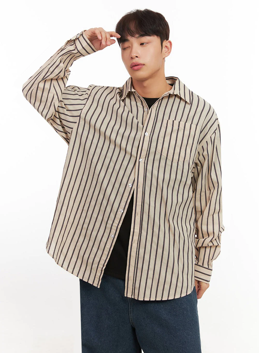 Men's Oversized Stripe Collared Button-Up Shirt IF521 - Image 4