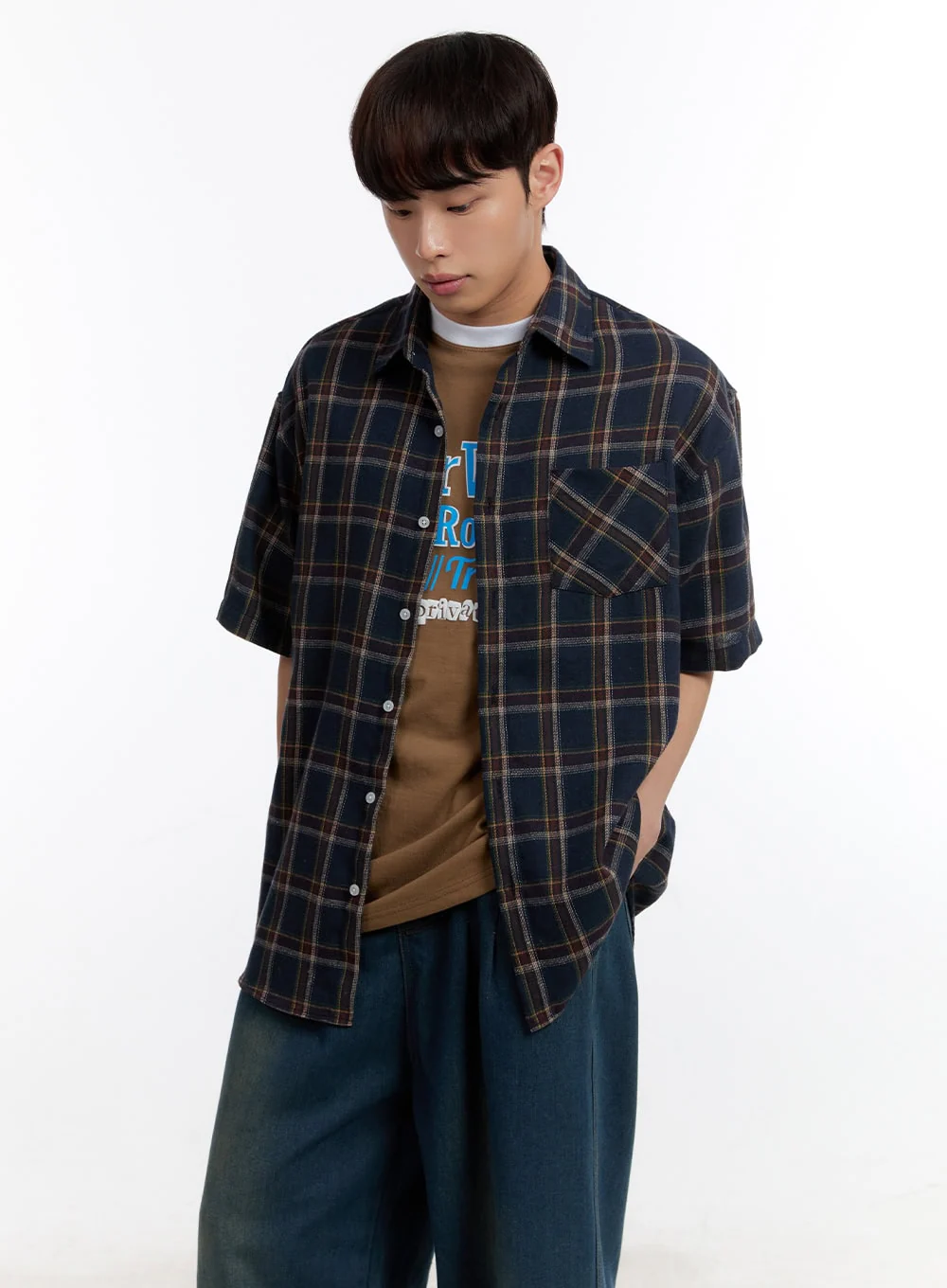 Men's Plaid Collared Oversized Shirt IA507 - Image 3