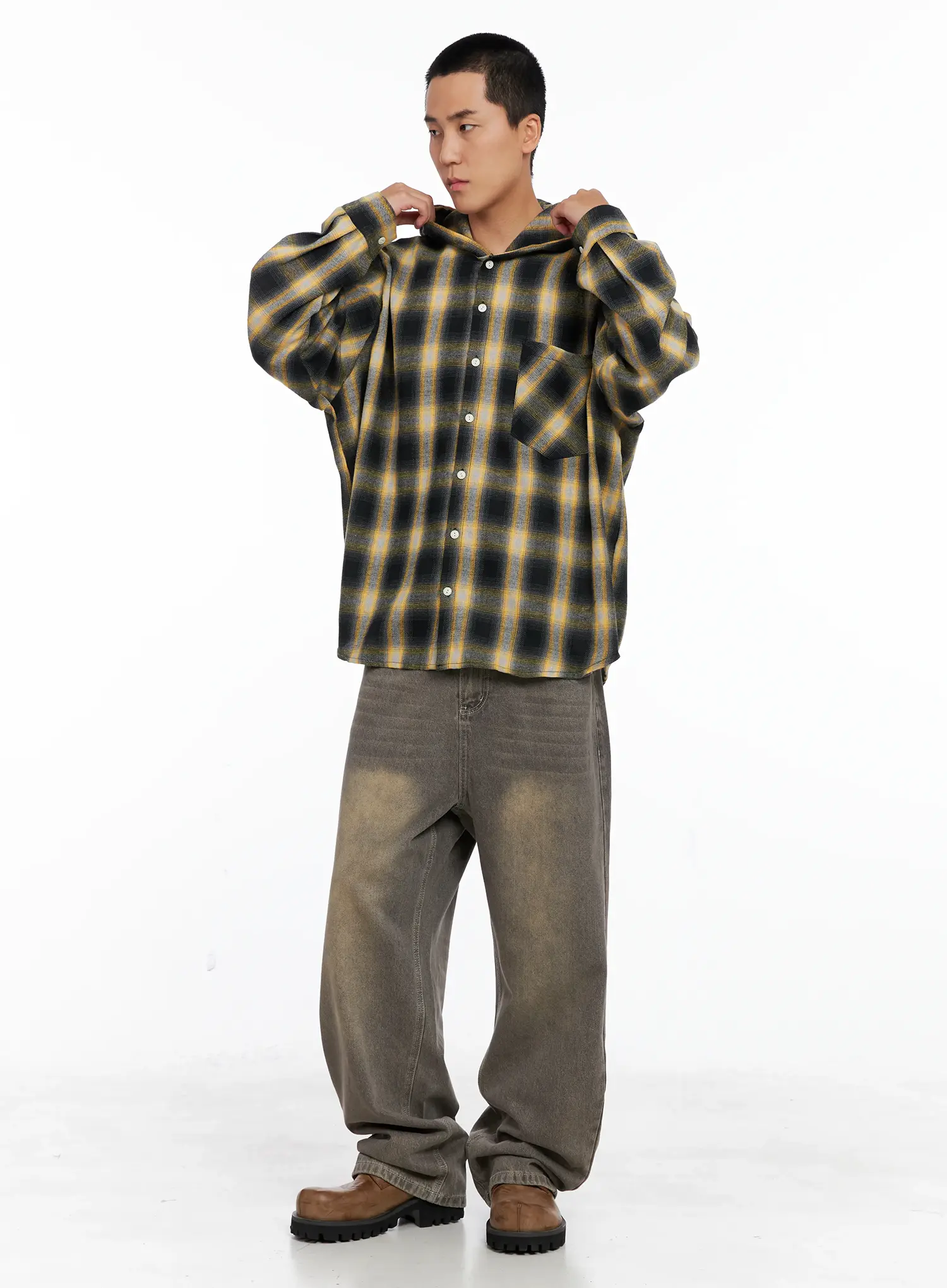 Men's Plaid Flannel Hooded Shirt IG529 - Image 8