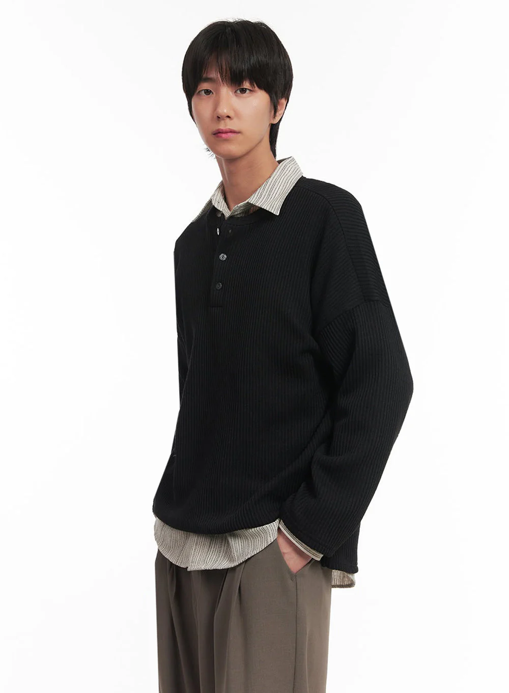 Men's Ribbed Buttoned Long-Sleeve Shirt IA510