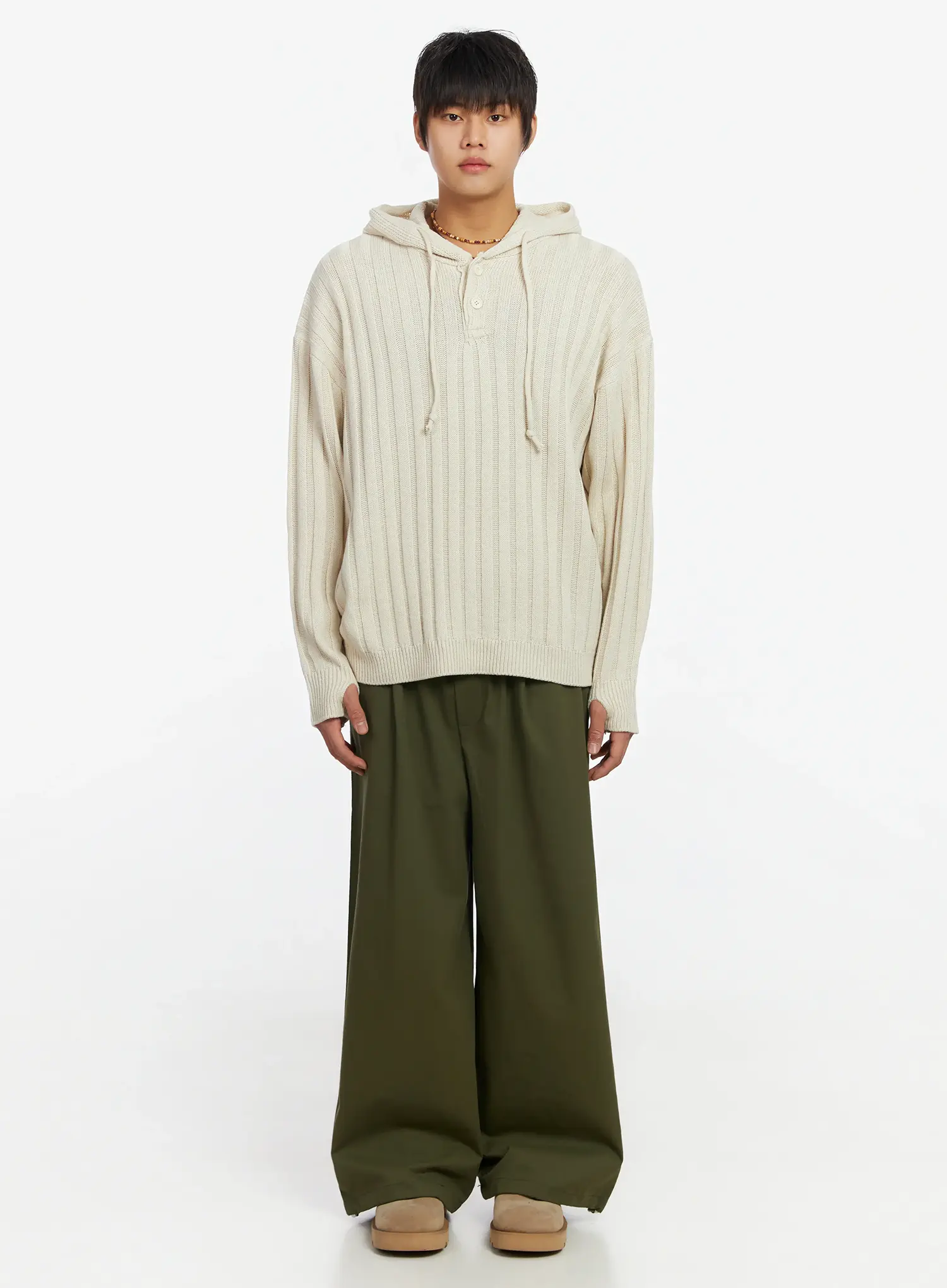 Men's Ribbed Knit Thumbhole Hoodie IJ527 - Image 3