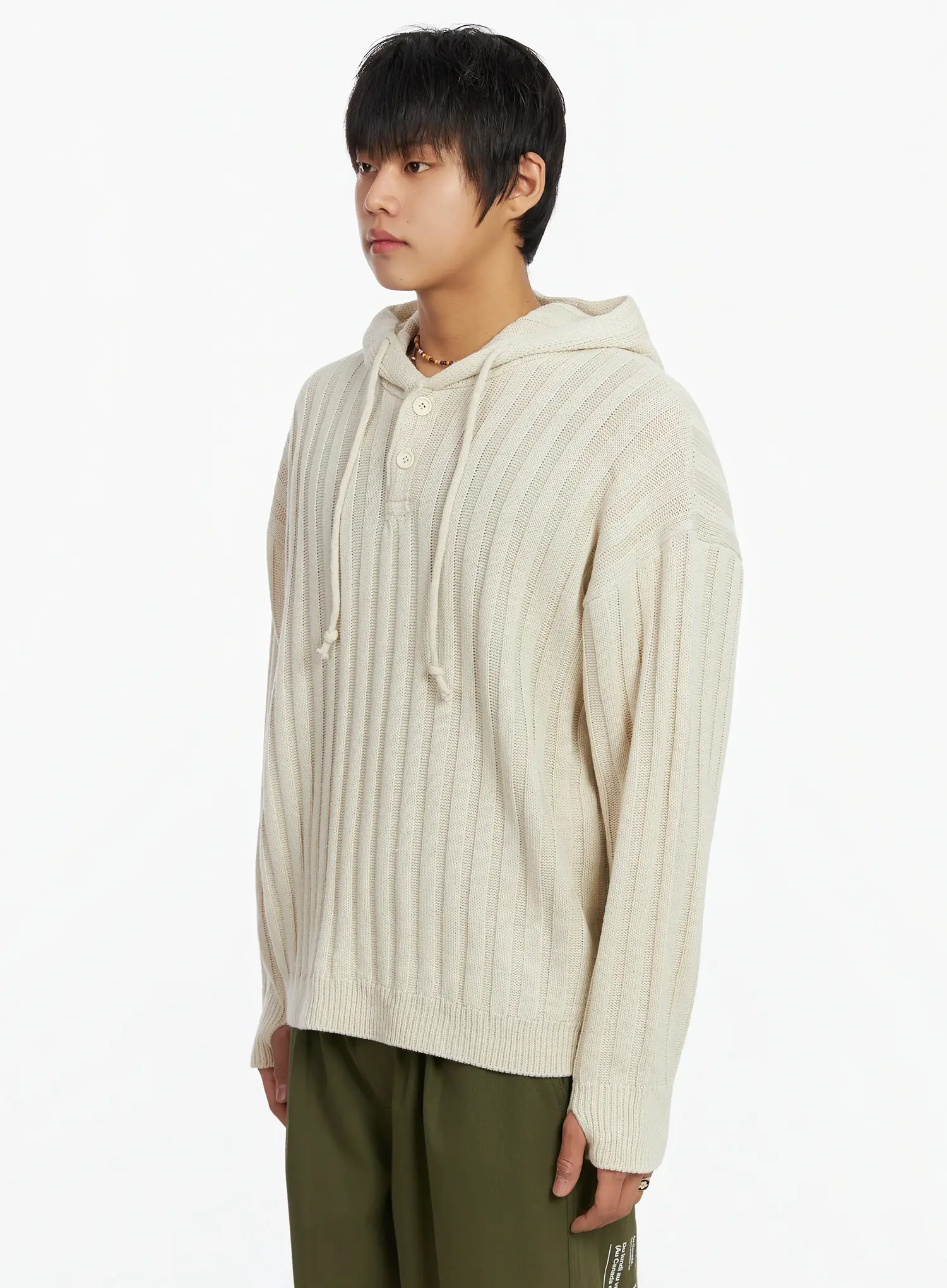 Men's Ribbed Knit Thumbhole Hoodie IJ527 - Image 4