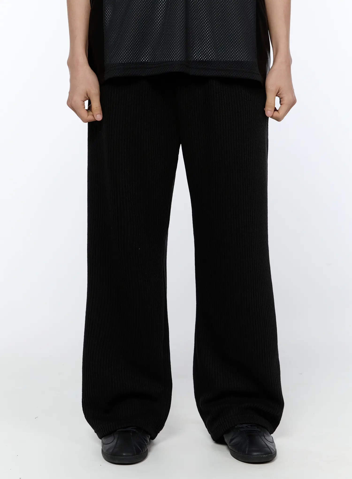 Men's Ribbed Wide-Leg Sweatpants (Black) IA517 - Image 3