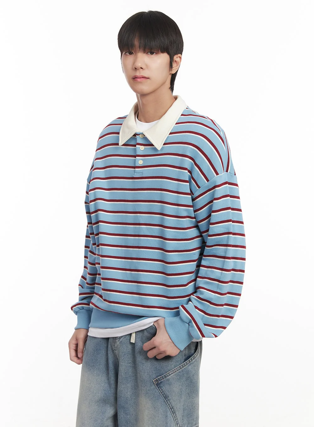 Men's Stripe Collared Sweatshirt (Light Blue) IM518