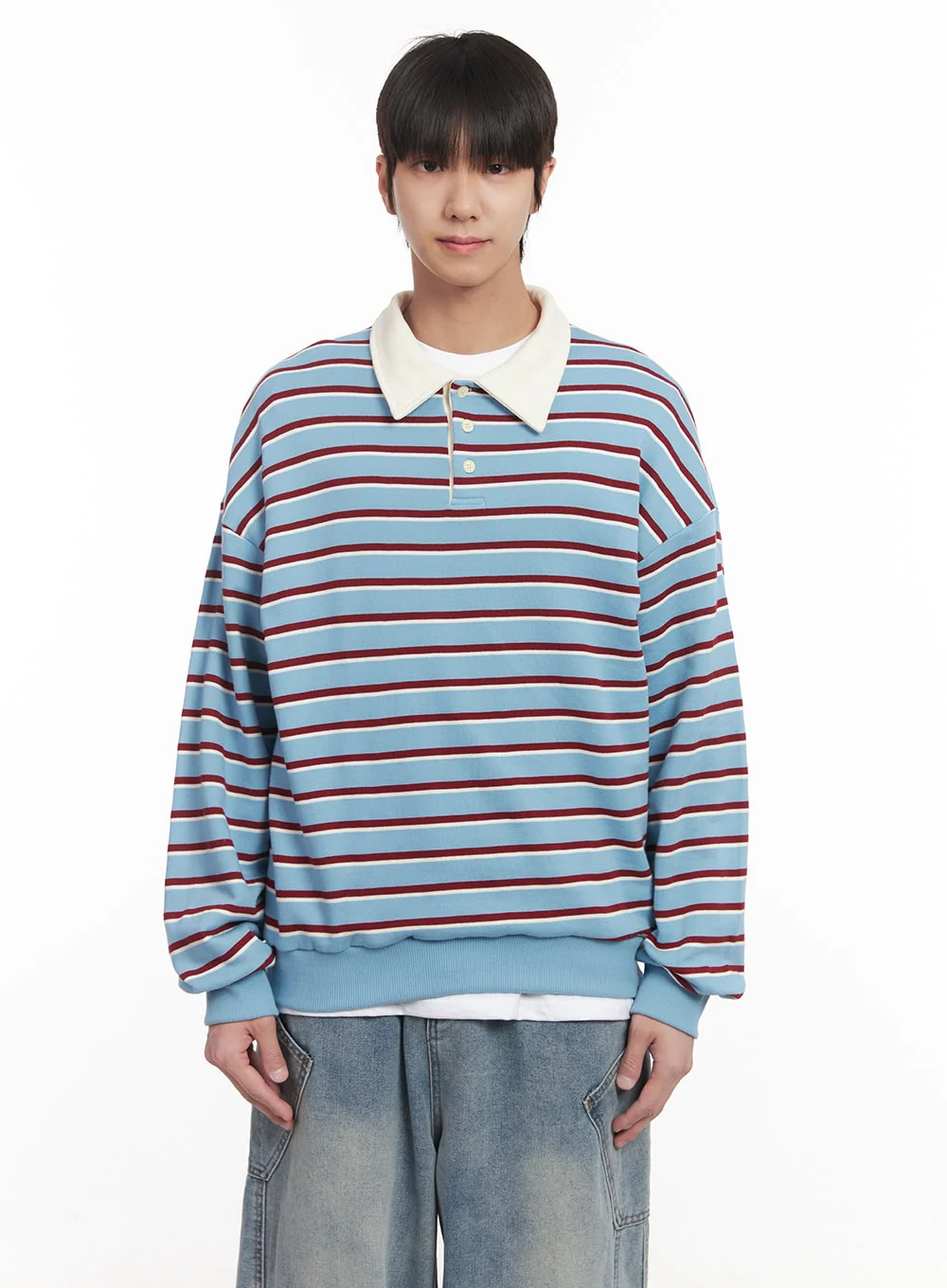 Men's Stripe Collared Sweatshirt (Light Blue) IM518 - Image 11